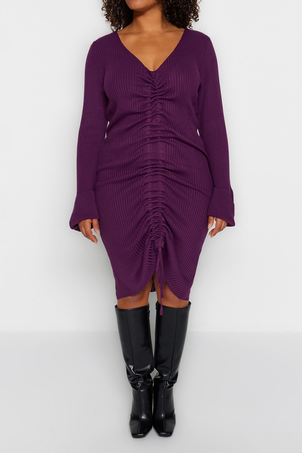 Trendyol Curve-Λεπτομερές λεπτό πλεκτό φόρεμα Plum Corded Gather TBBAW23AH00005 4