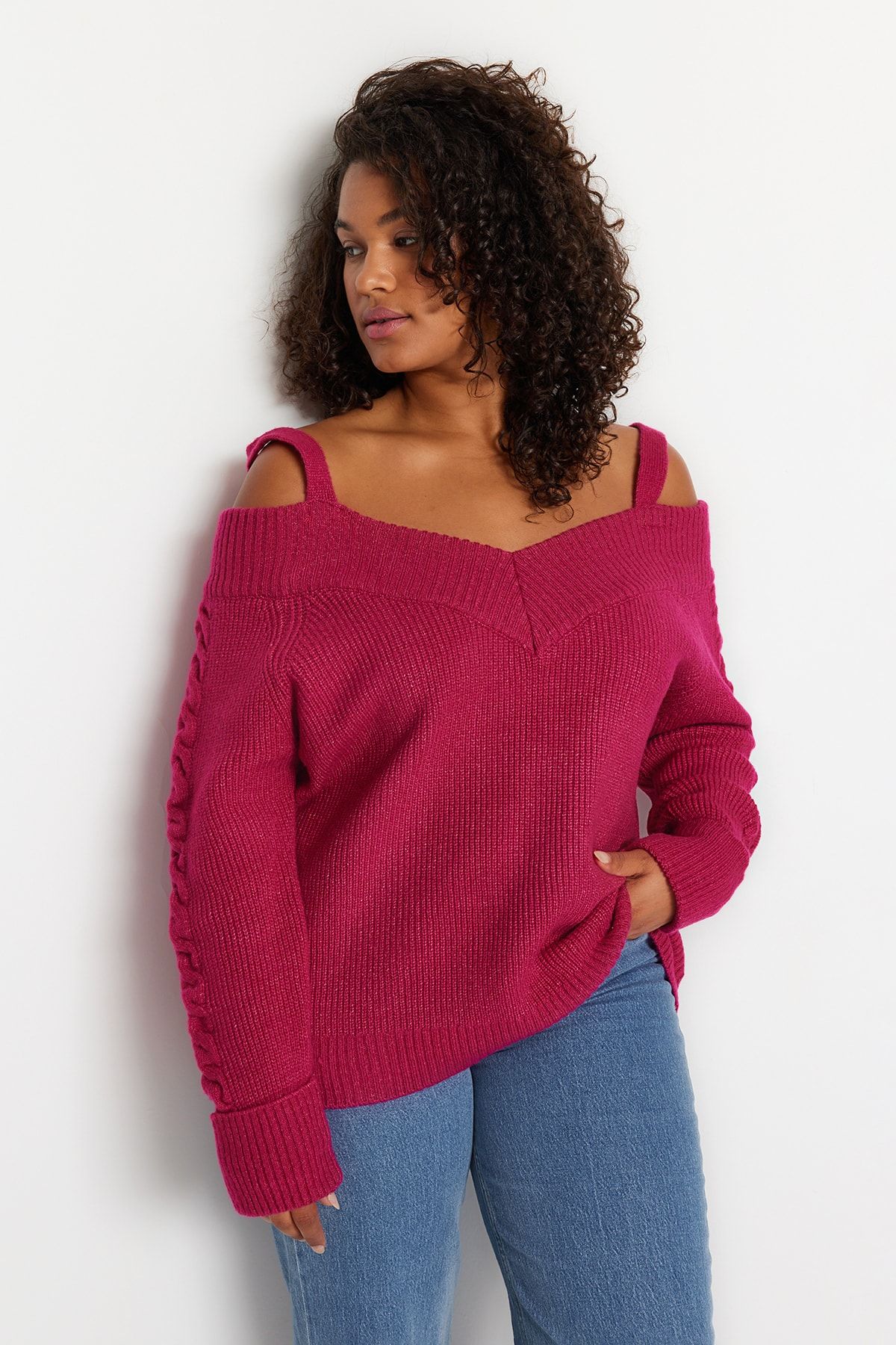 Trendyol Curve Pink Wide Collar Strap Detailed Knitwear Sweater