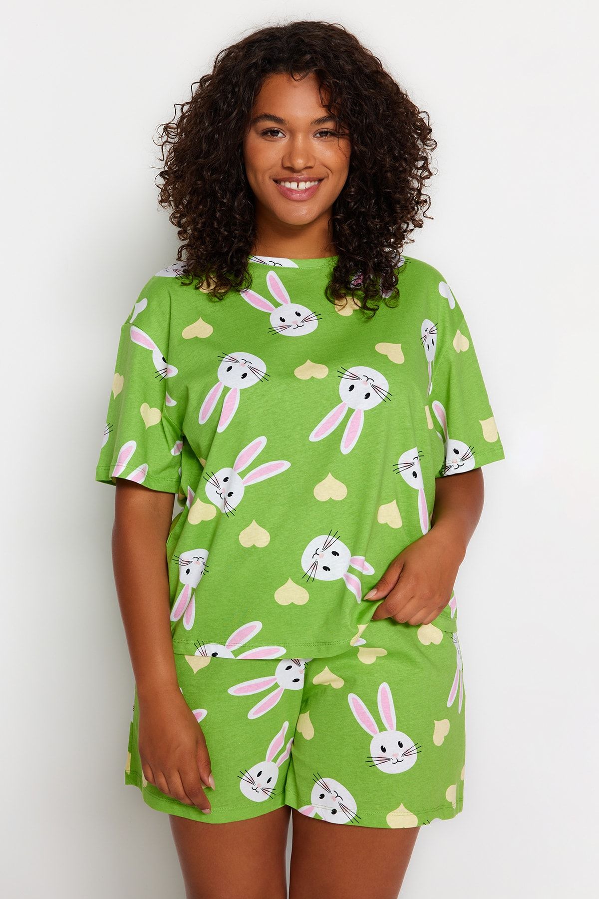 Trendyol Curve Zestaw Piżam Z Dzianiny Bawełnianej Z Nadrukiem Zielonego Królika Kobieta - 7XL