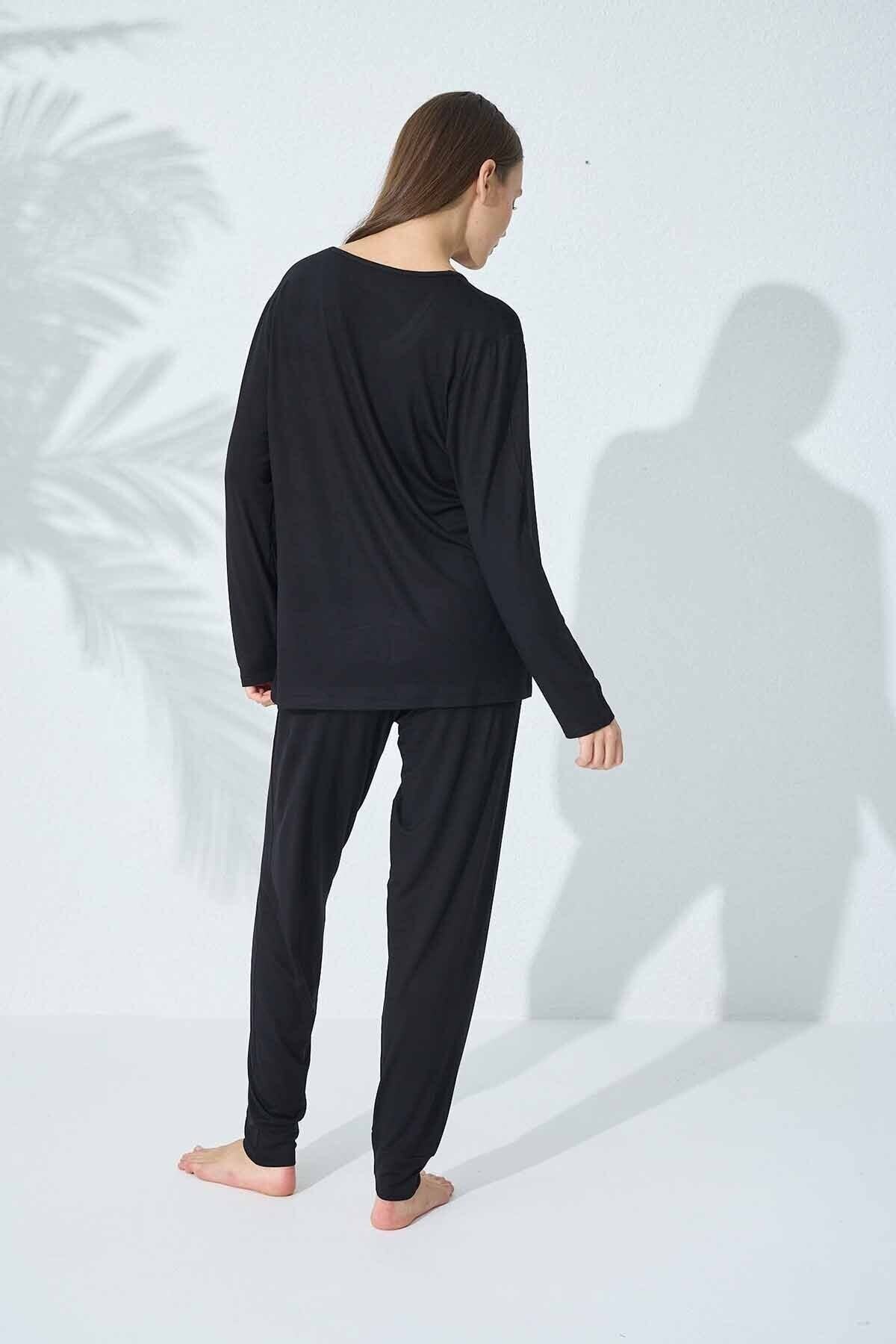 Siyah İnci-Viscose Black Pajama Set - Lace Detailed 4