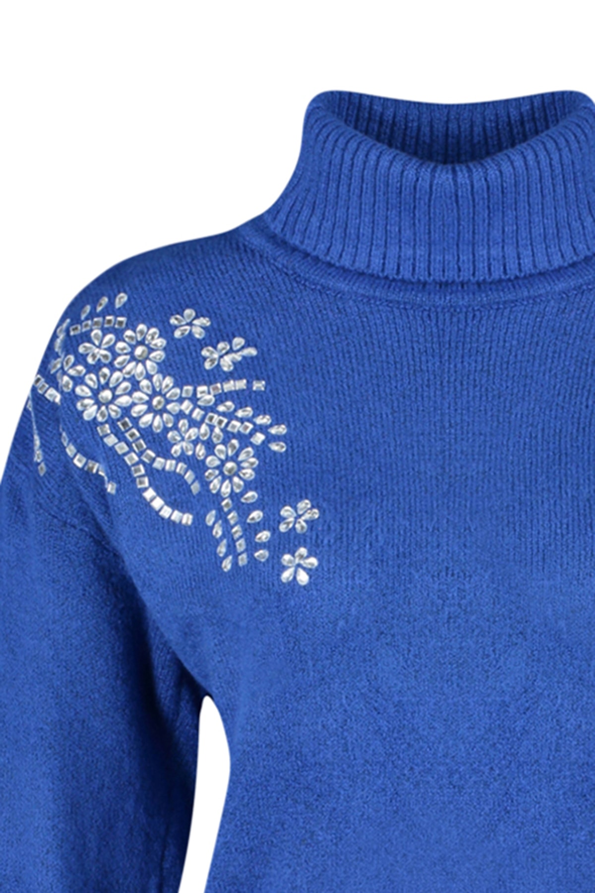 Trendyolmilla  Saks Yumuşak Dokulu Taş Detaylı Balıkçı Yaka Triko Kazak TWOAW24KZ00188 - Görsel 7