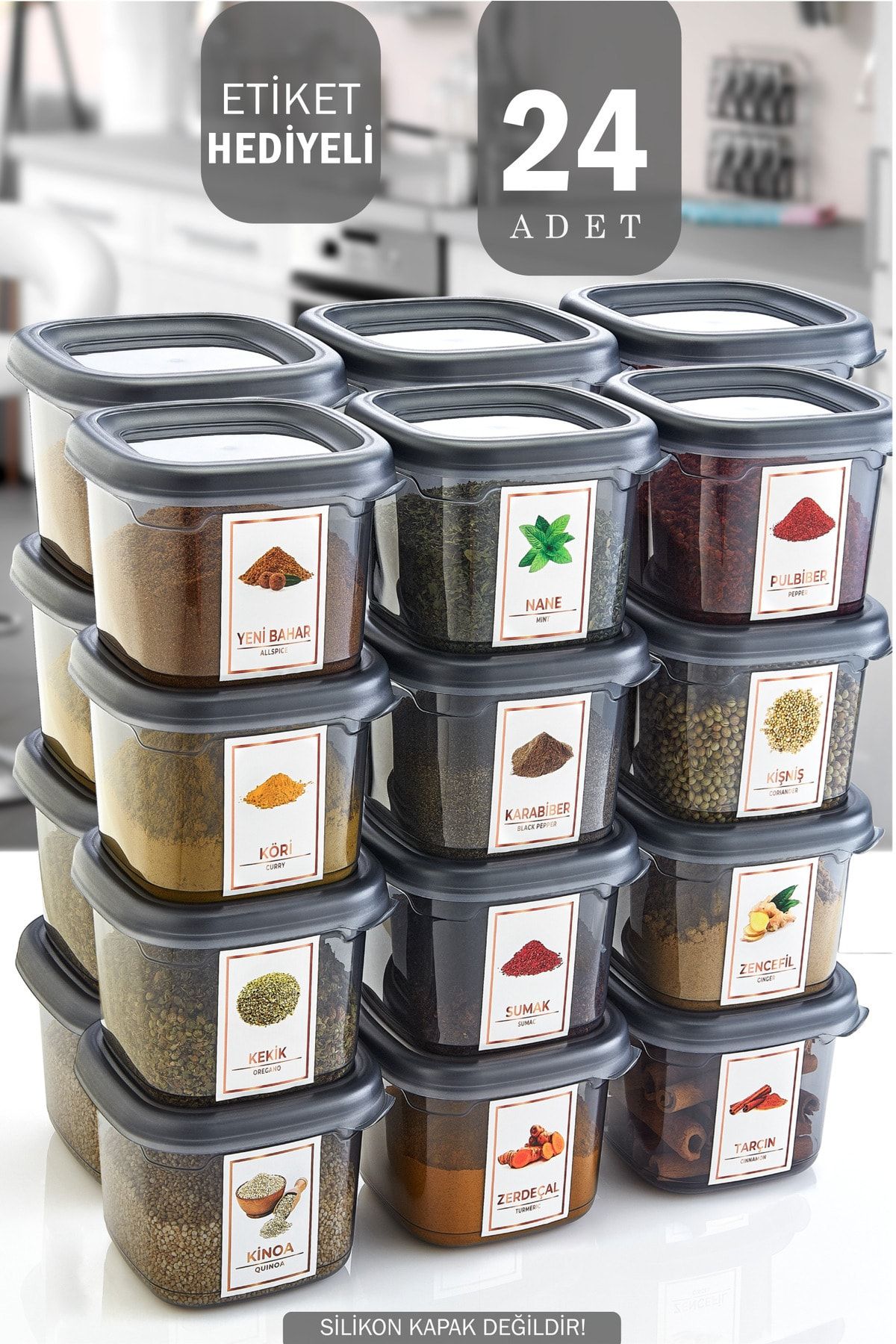 GRİMOR Life-24 Pieces Spice Rack Pulses Storage Container with Leak Proof Label 550 ml - Deep Freezer and Microwave 1