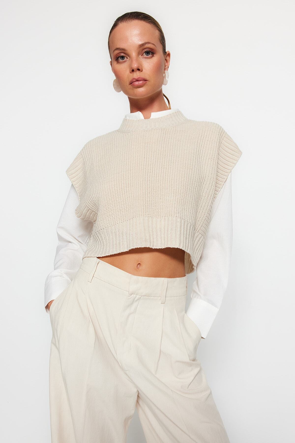 Trendyol Collection-Kő színű Crop Crew nyakú pulóver - TWOAW24SV00005 4