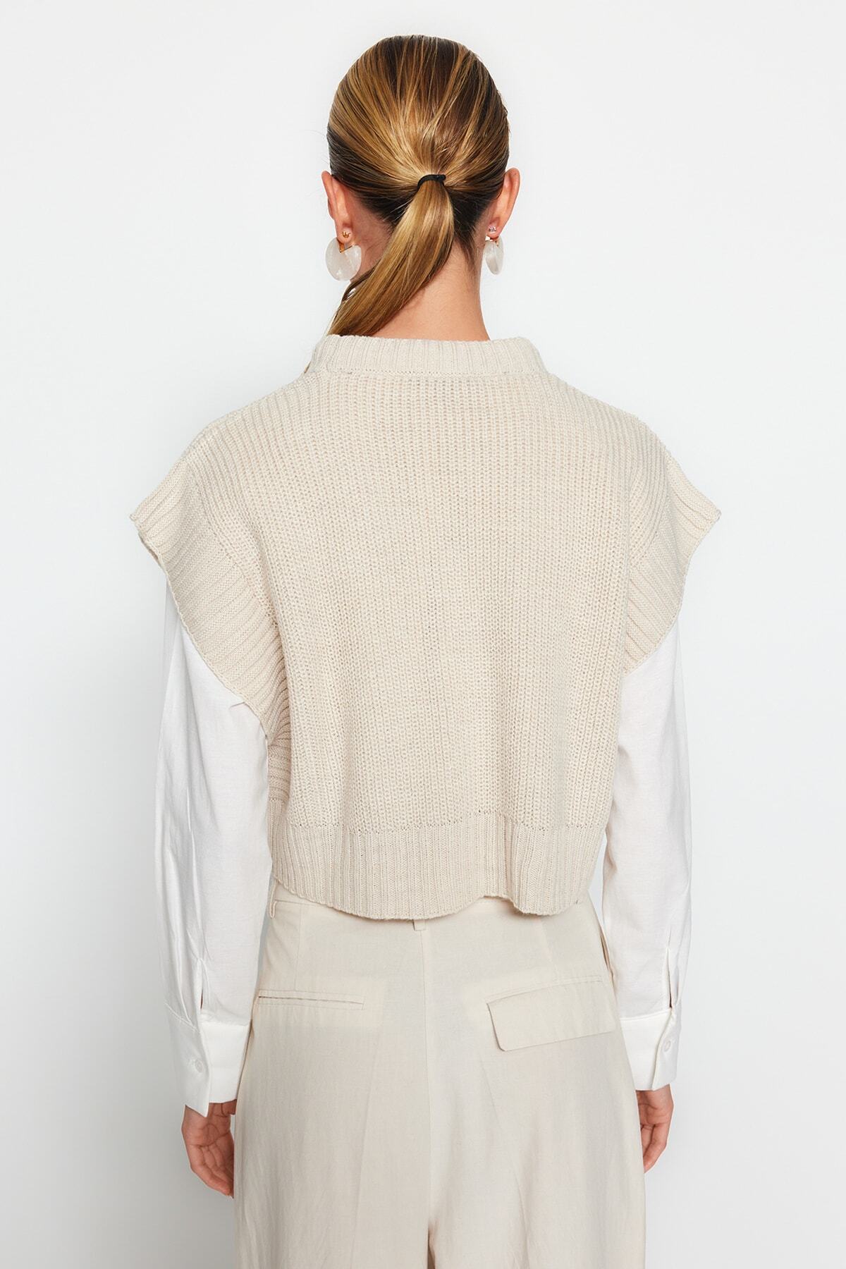Trendyol Collection-Kő színű Crop Crew nyakú pulóver - TWOAW24SV00005 6