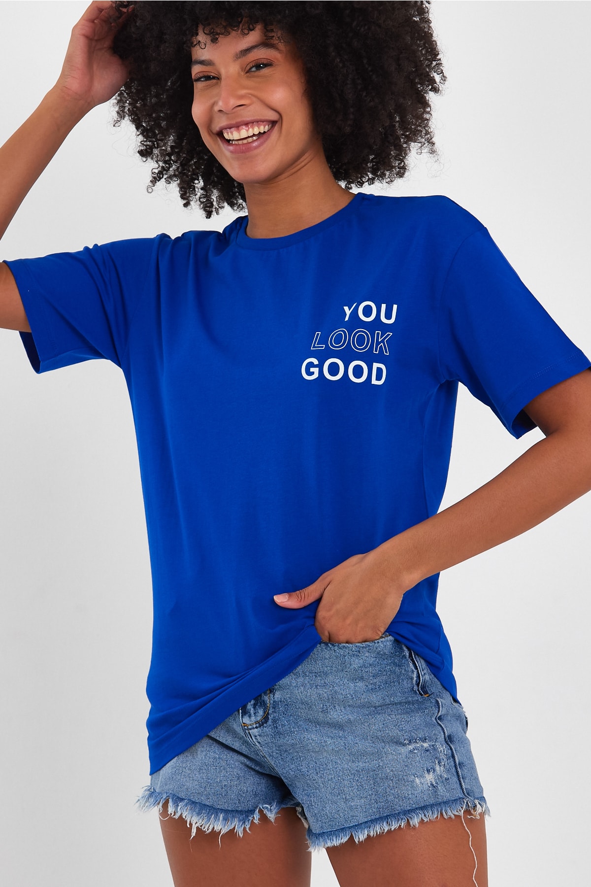 Look Oversize Baskılı Basic T-Shirt - Mavi