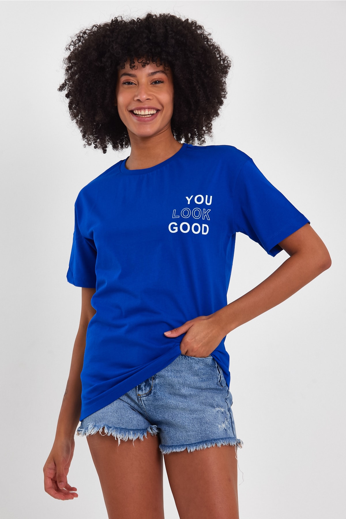 Look Oversize Baskılı Basic T-Shirt - Mavi