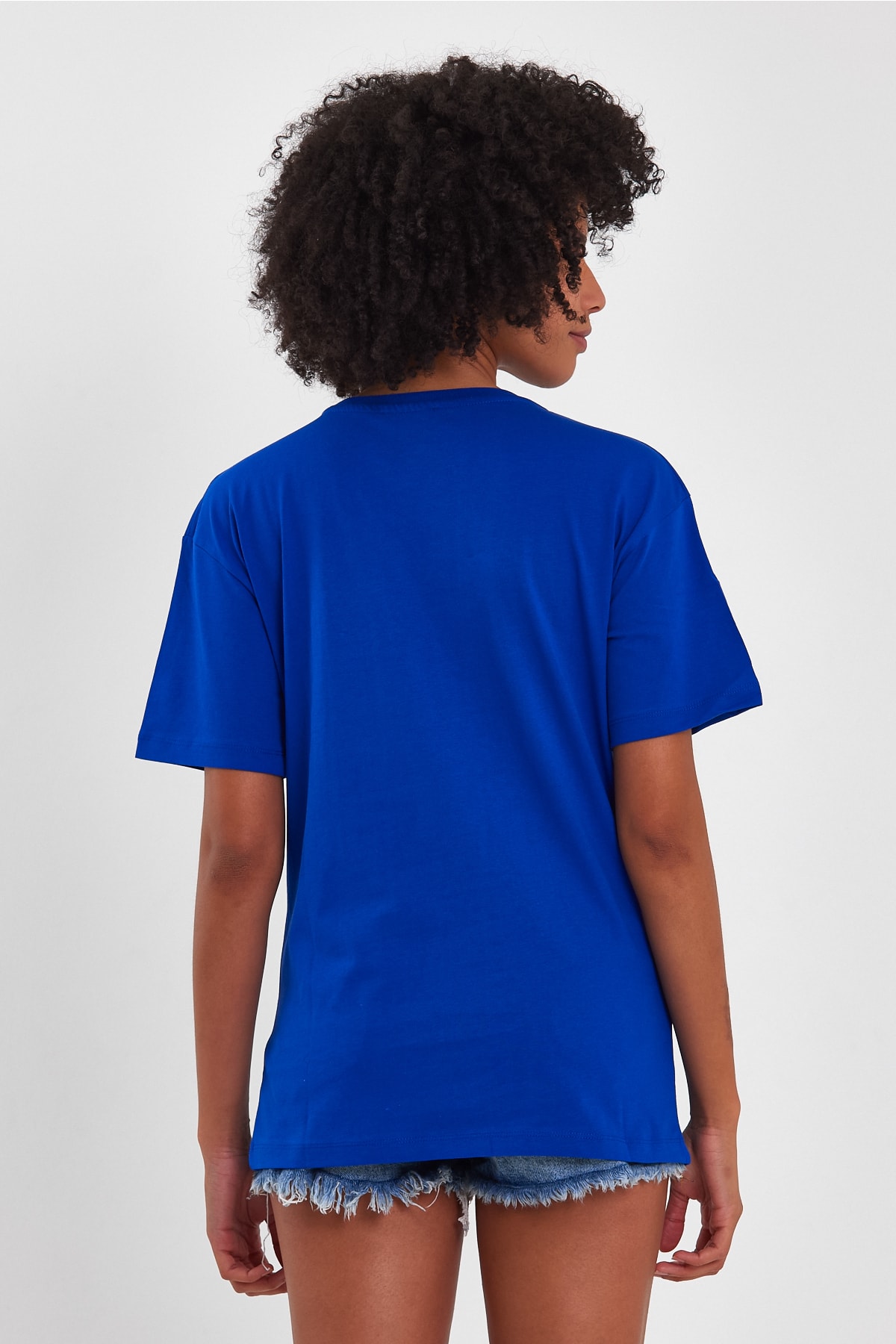 Look Oversize Baskılı Basic T-Shirt - Mavi