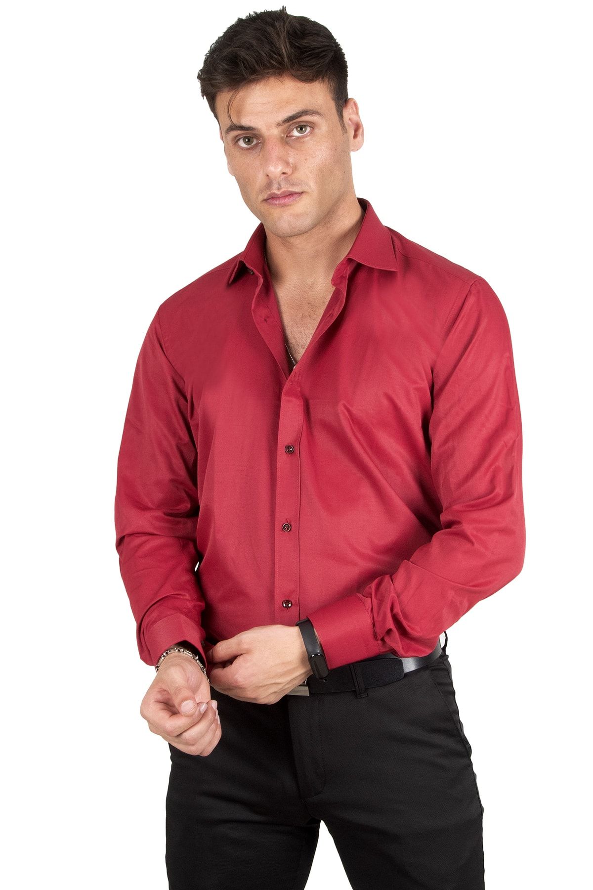 پیراهن آستین بلند مردانه Claret Red Slim با دکمه سر دست 2209615 DeepSea