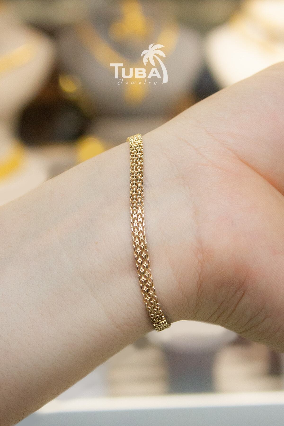 TUBA KUYUMCULUK 14 Ayar Altın Hasır Bileklik, Ezme Zincir Bileklik 4