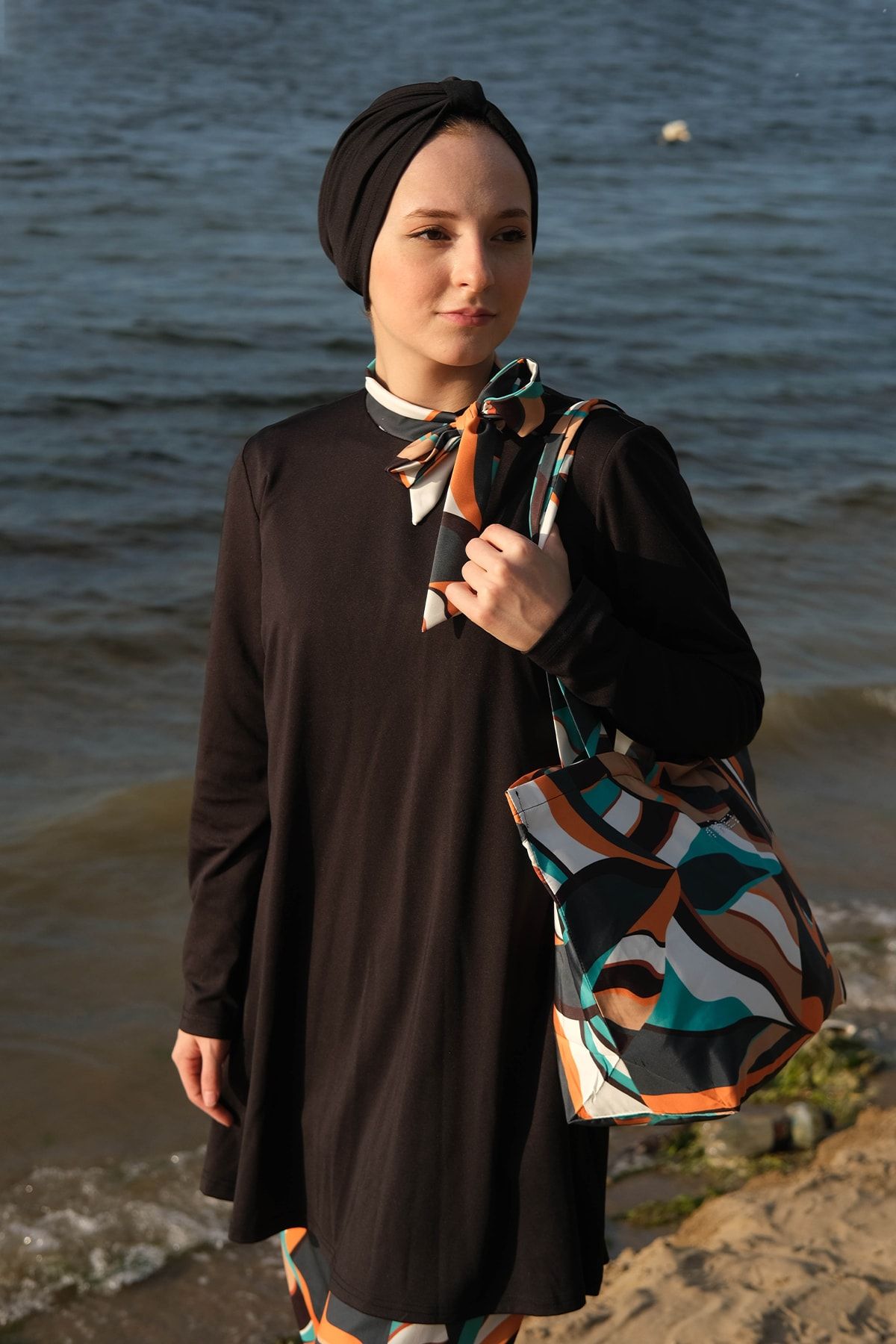 Minel-Women's Orange Wide Leg Fully Covered Scuba Hijab Swimsuit Set of 2 5