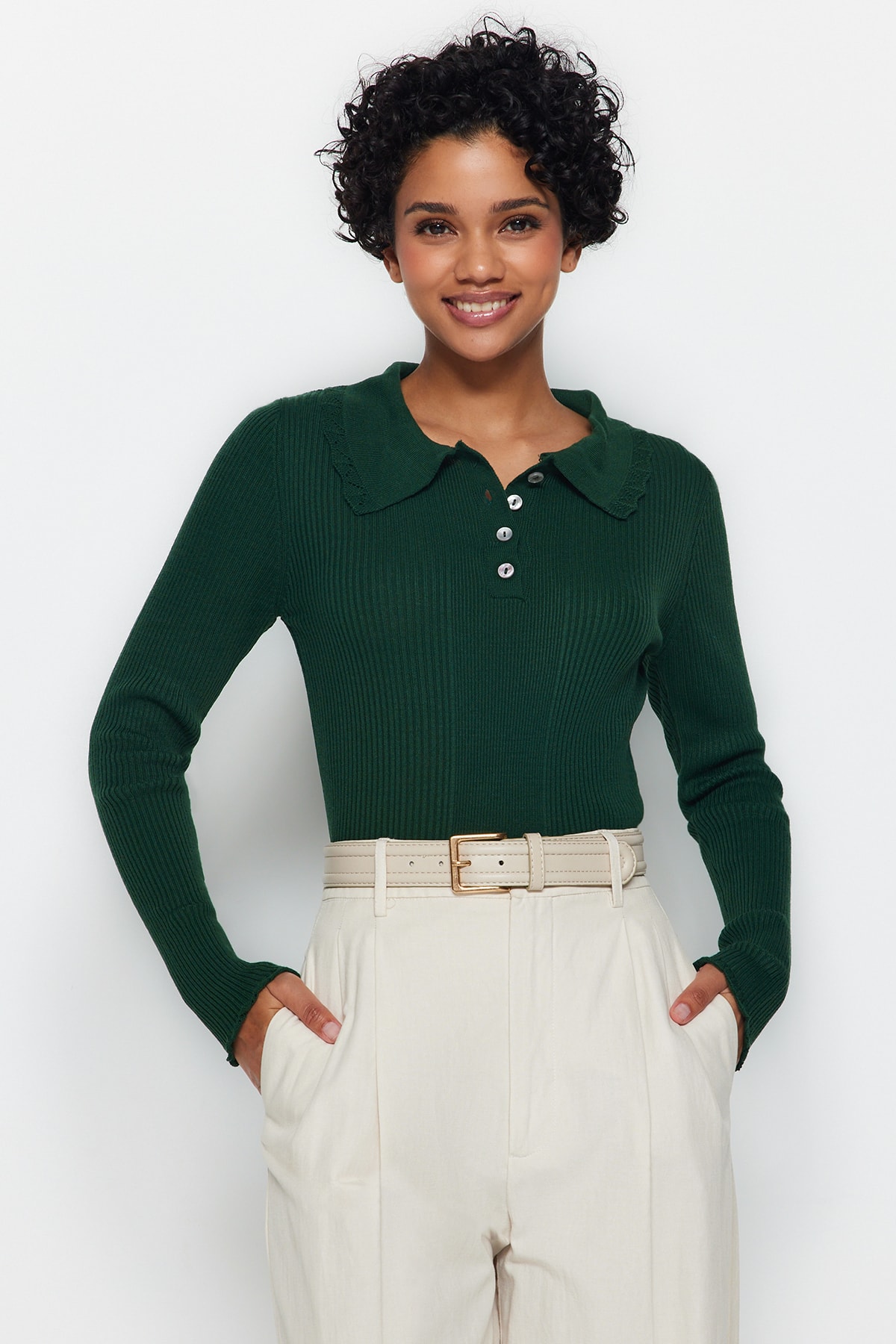 Trendyolmilla  Zümrüt Yeşili Polo Yaka Triko Kazak TWOAW22KZ1354 - Görsel 2