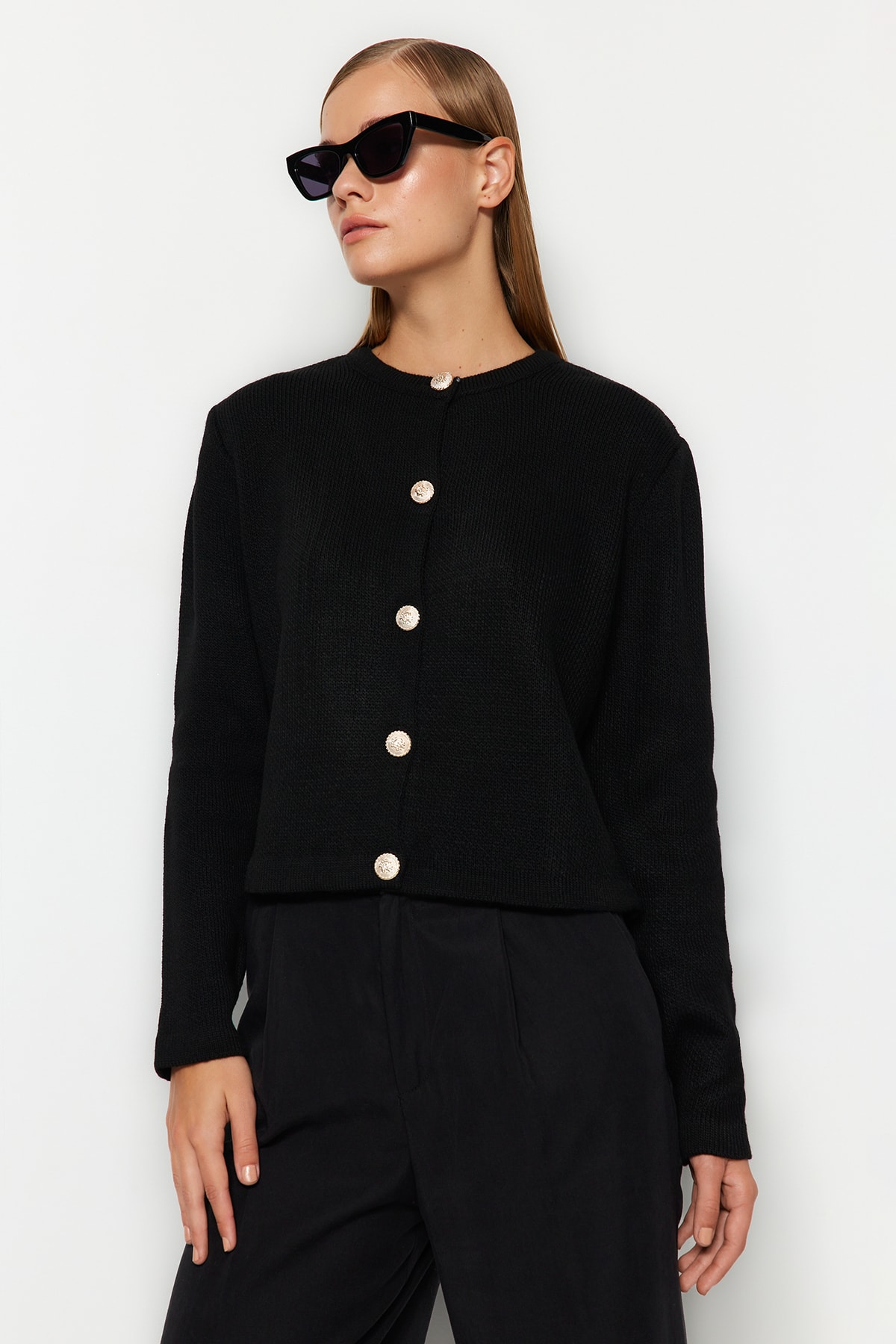 Trendyolmilla  Siyah Basic Ceket Görünümlü Triko Hırka TWOAW24HI00090 - Görsel 8