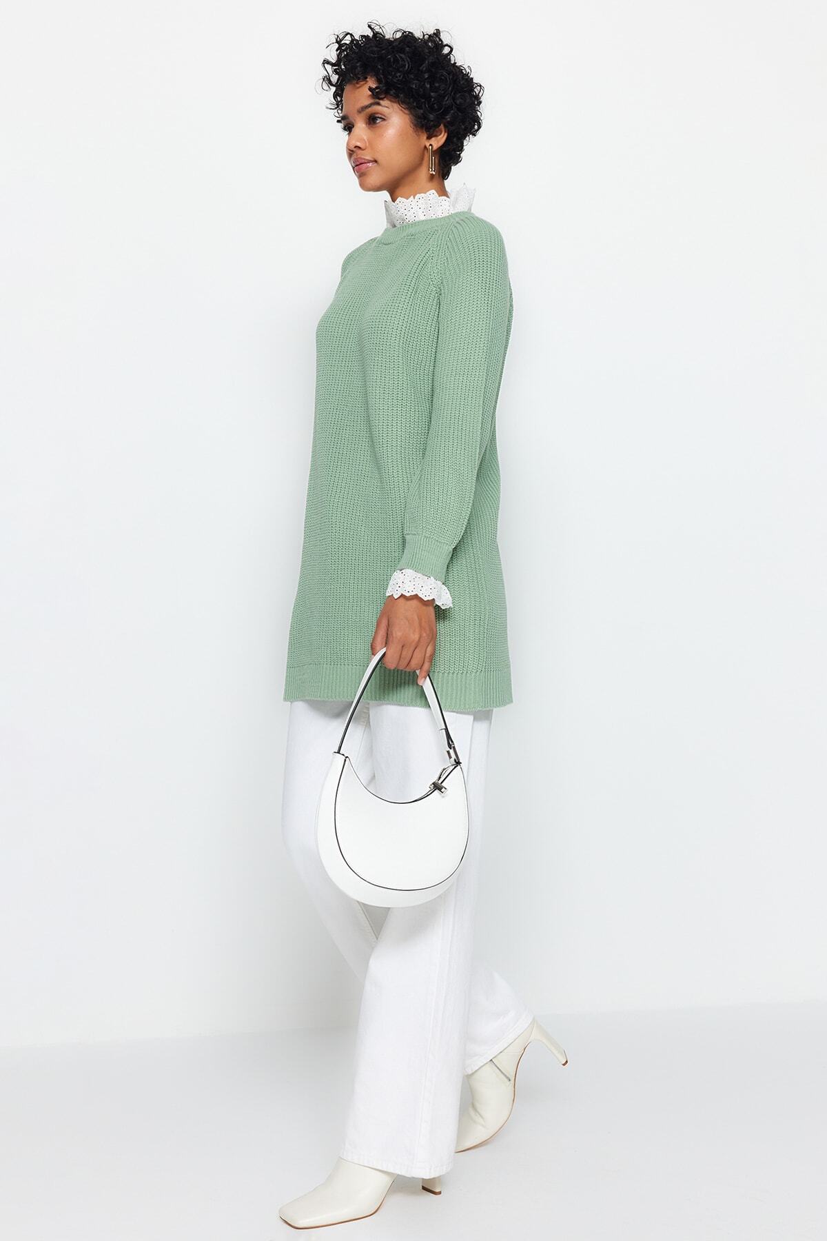 Trendyol Modest Miętowy, gipiurowy, szczegółowy sweter z dzianiny Selanik TCTAW24AK00126