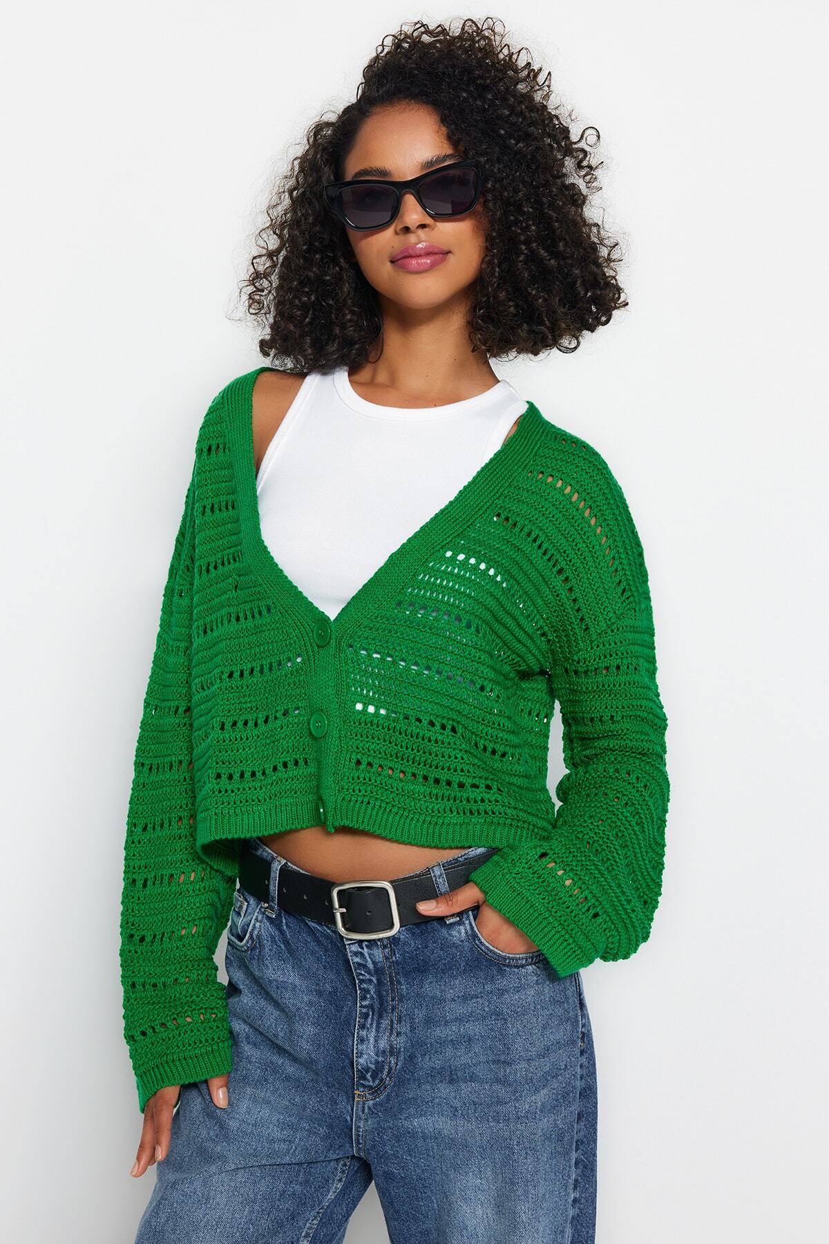 Trendyol Collection-Smaragdgrüne Strickjacke mit Lochmuster TWOAW23HI00203 3