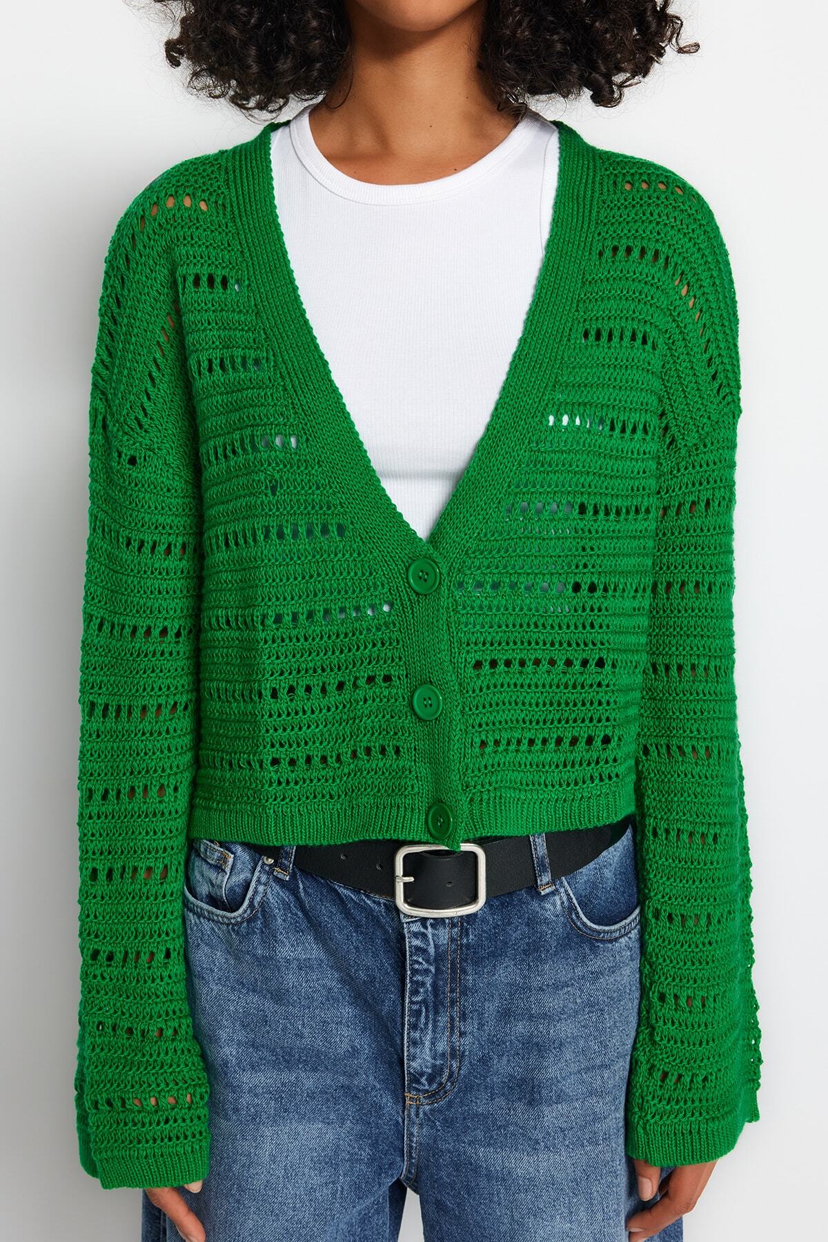Trendyol Collection-Smaragdgrüne Strickjacke mit Lochmuster TWOAW23HI00203 4