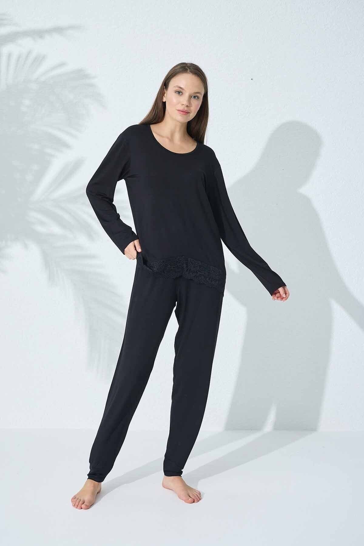 Siyah İnci-Viscose Black Pajama Set - Lace Detailed 3