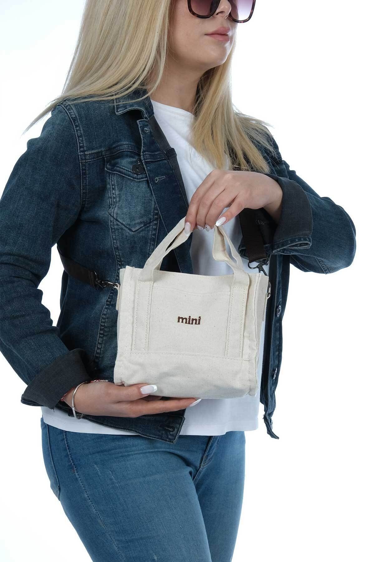 Mini Lettering Embroidered Canvas Tote Bag