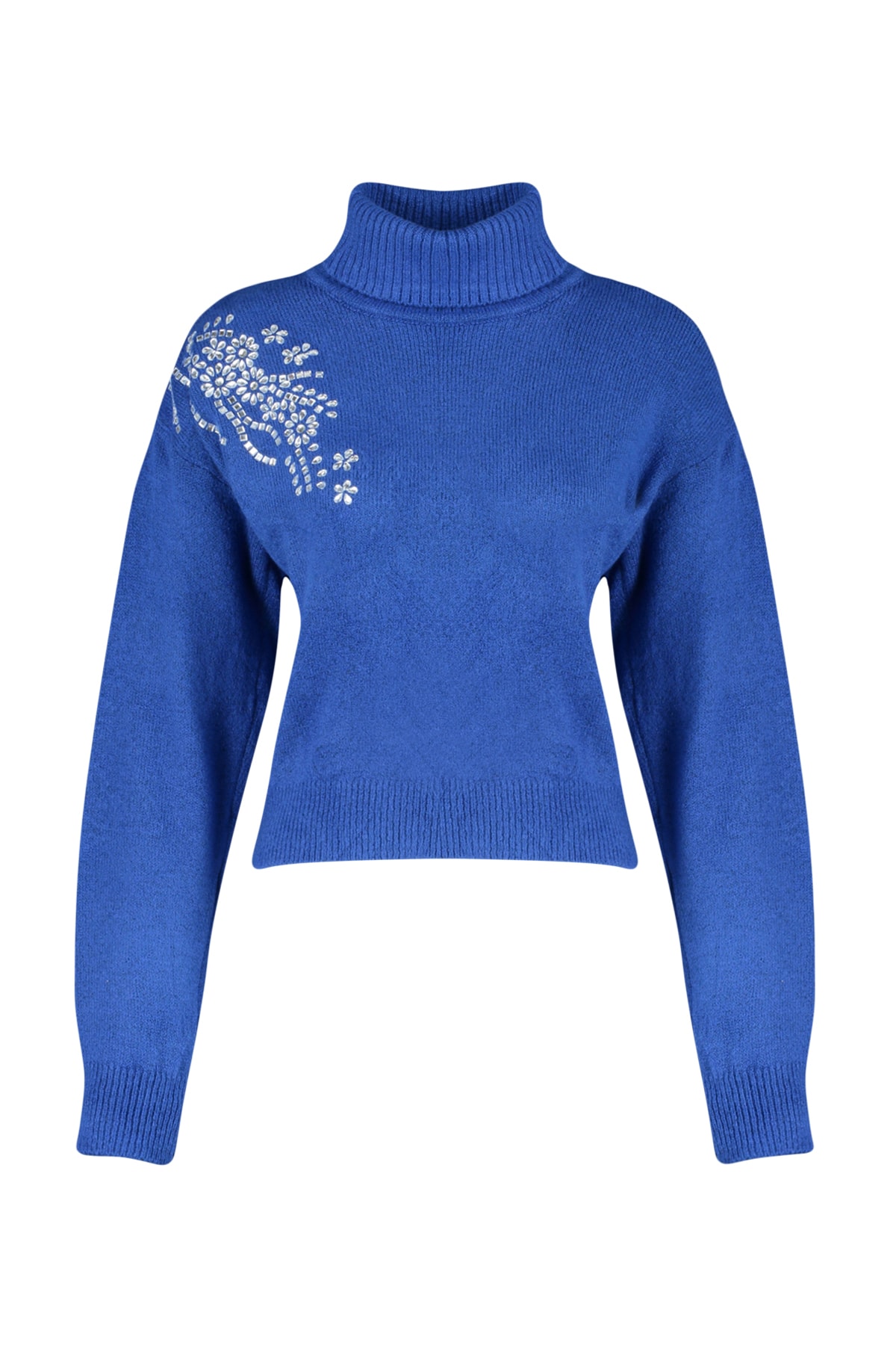 Trendyolmilla  Saks Yumuşak Dokulu Taş Detaylı Balıkçı Yaka Triko Kazak TWOAW24KZ00188 - Görsel 6