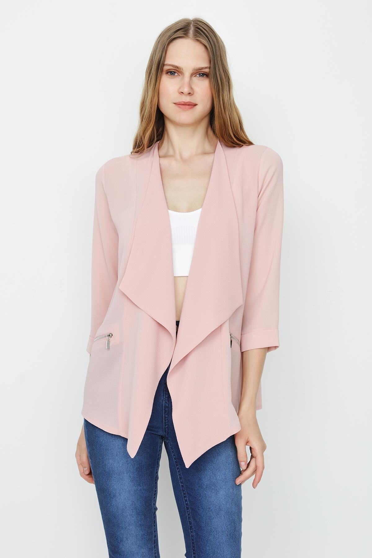 Select Moda-Women's Pink Asymmetric Cut Thin Jacket 3