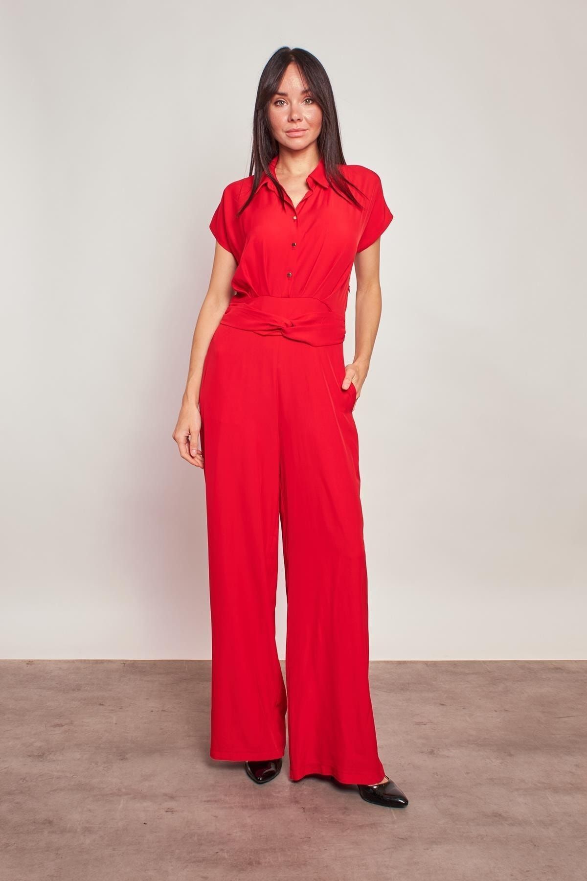 Red jumpsuit with pockets discount