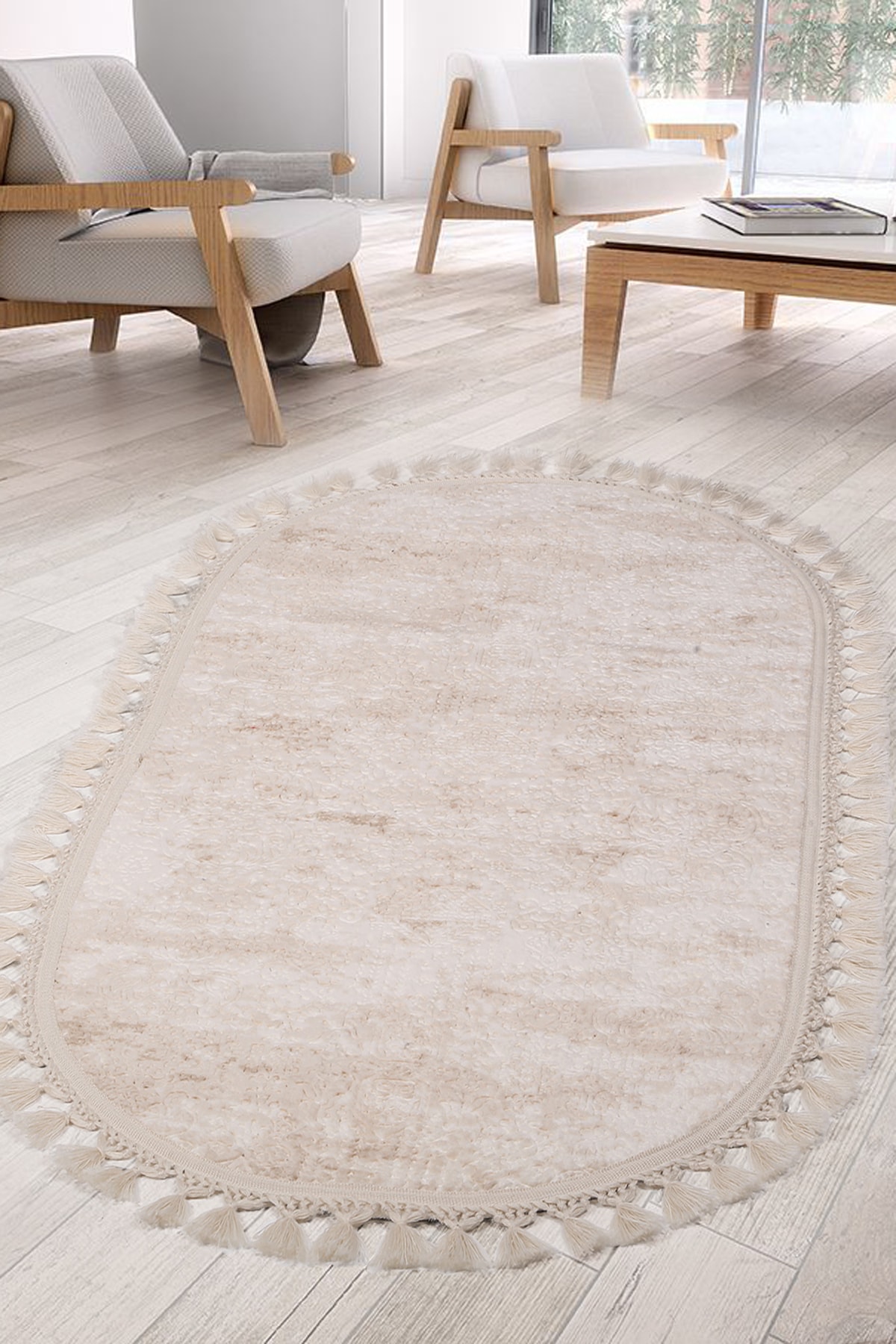 Teksev Nova Krem Oval Leke Tutmaz Makinede Yıkanabilir Kaymaz Taban Ponpon Saçaklı Çocuk Genç Odası Halısı