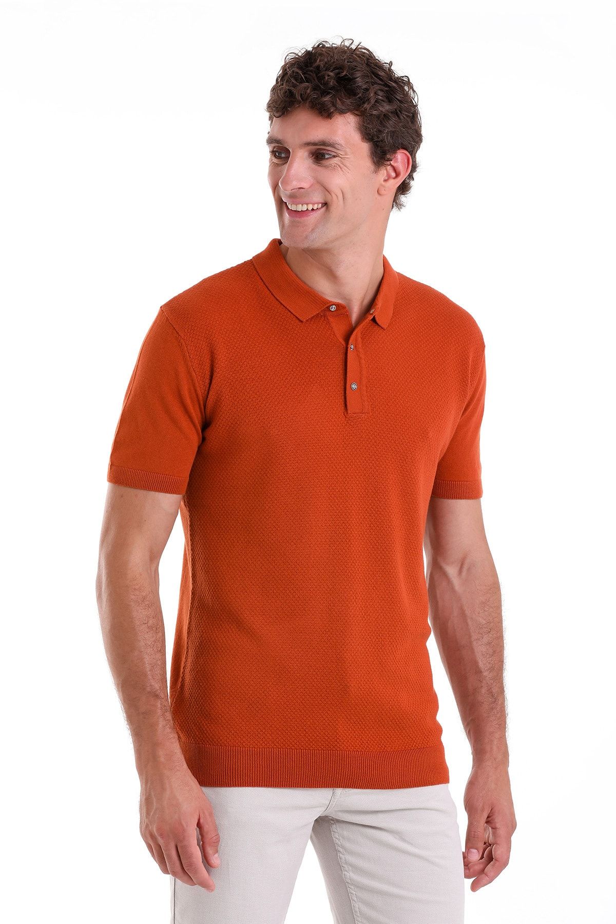 Hatemoğlu تی شرت بافتنی یقه پولو نخی ژاکارد با تناسب معمولی نارنجی