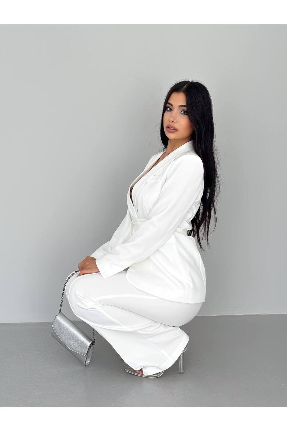 han fashion Wiązana Sztuczna Kieszeń Z Paskiem, Szalowym Kołnierzem, Marynarką, Marynarką, Elastycznymi Nogawkami Kobieta - 42