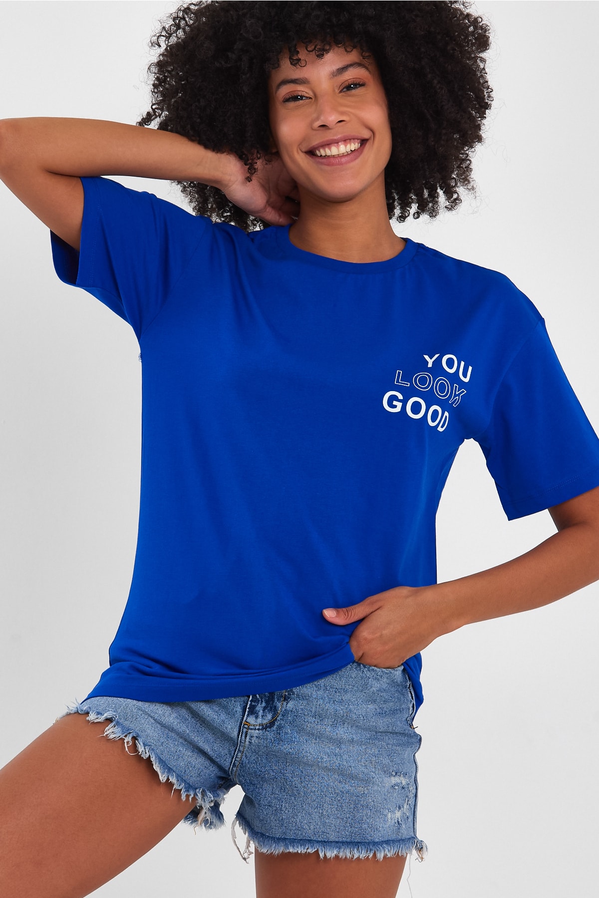 Look Oversize Baskılı Basic T-Shirt - Mavi