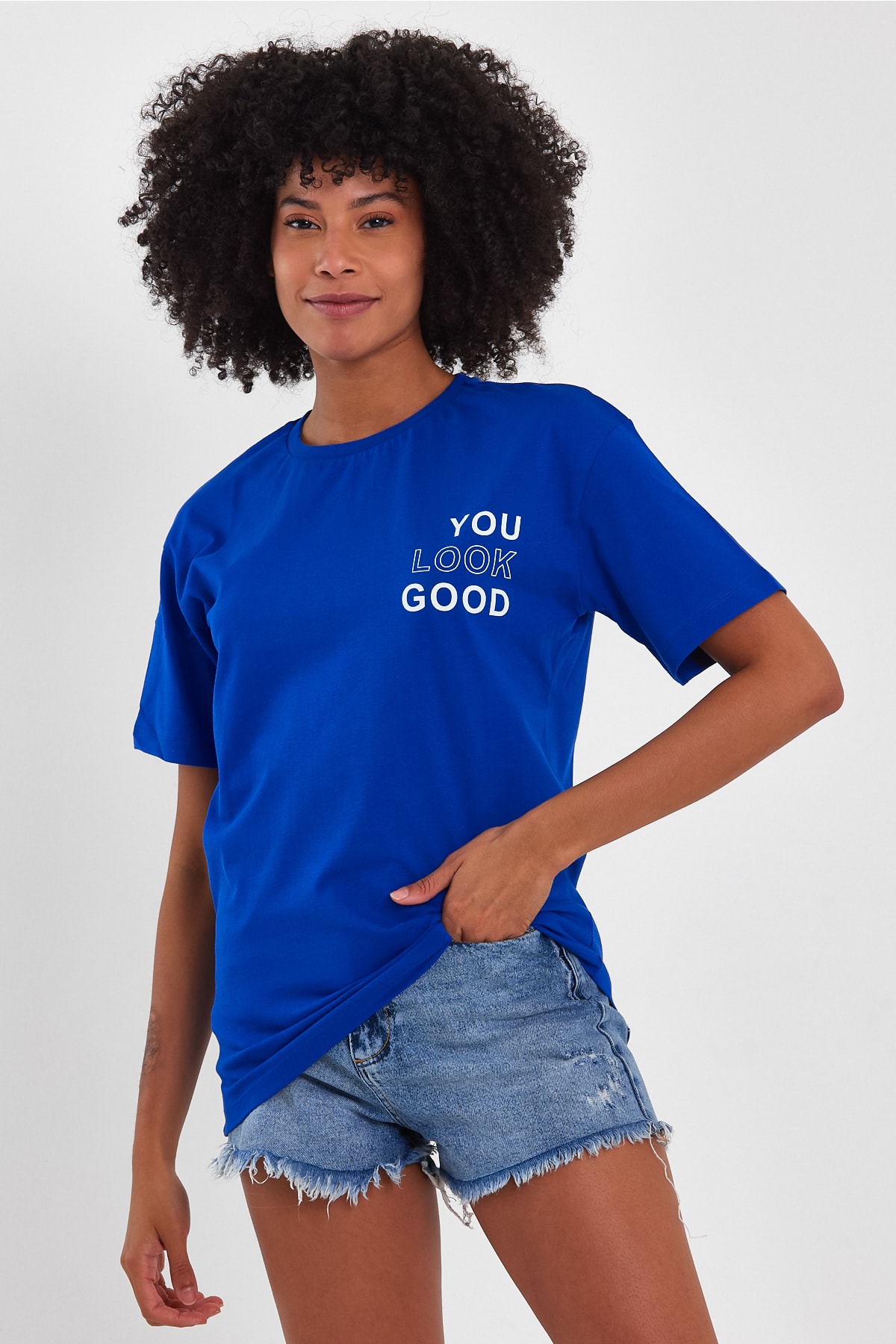 Look Oversize Baskılı Basic T-Shirt - Mavi