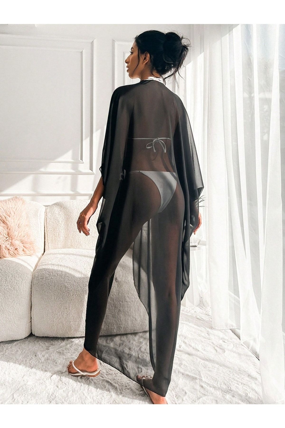 ZF BUTİK-Szyfonowe kimono plażowe | Elb33597 Czarny haftowany 2