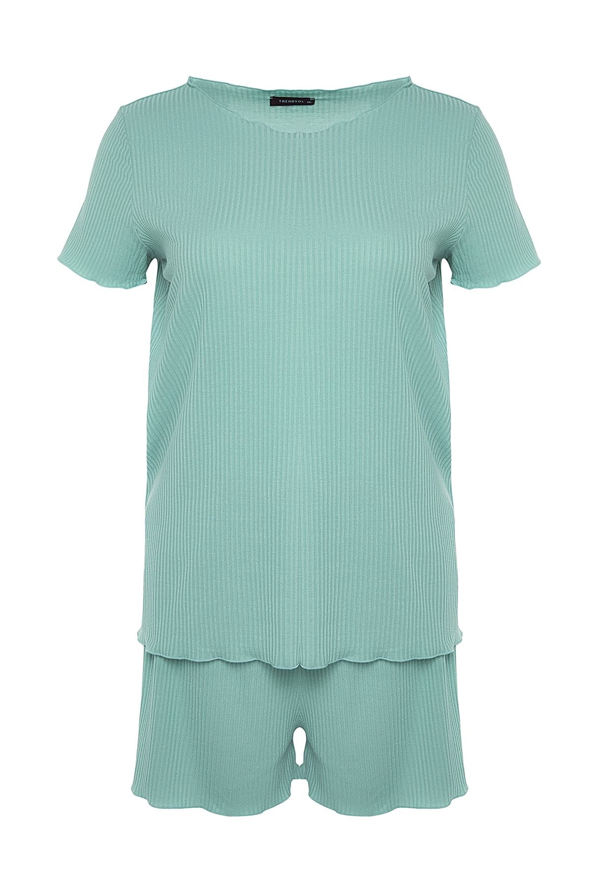 Trendyol Curve-Mintfarbenes, geripptes Strick-Pyjama-Set TBBSS22PT0216 5