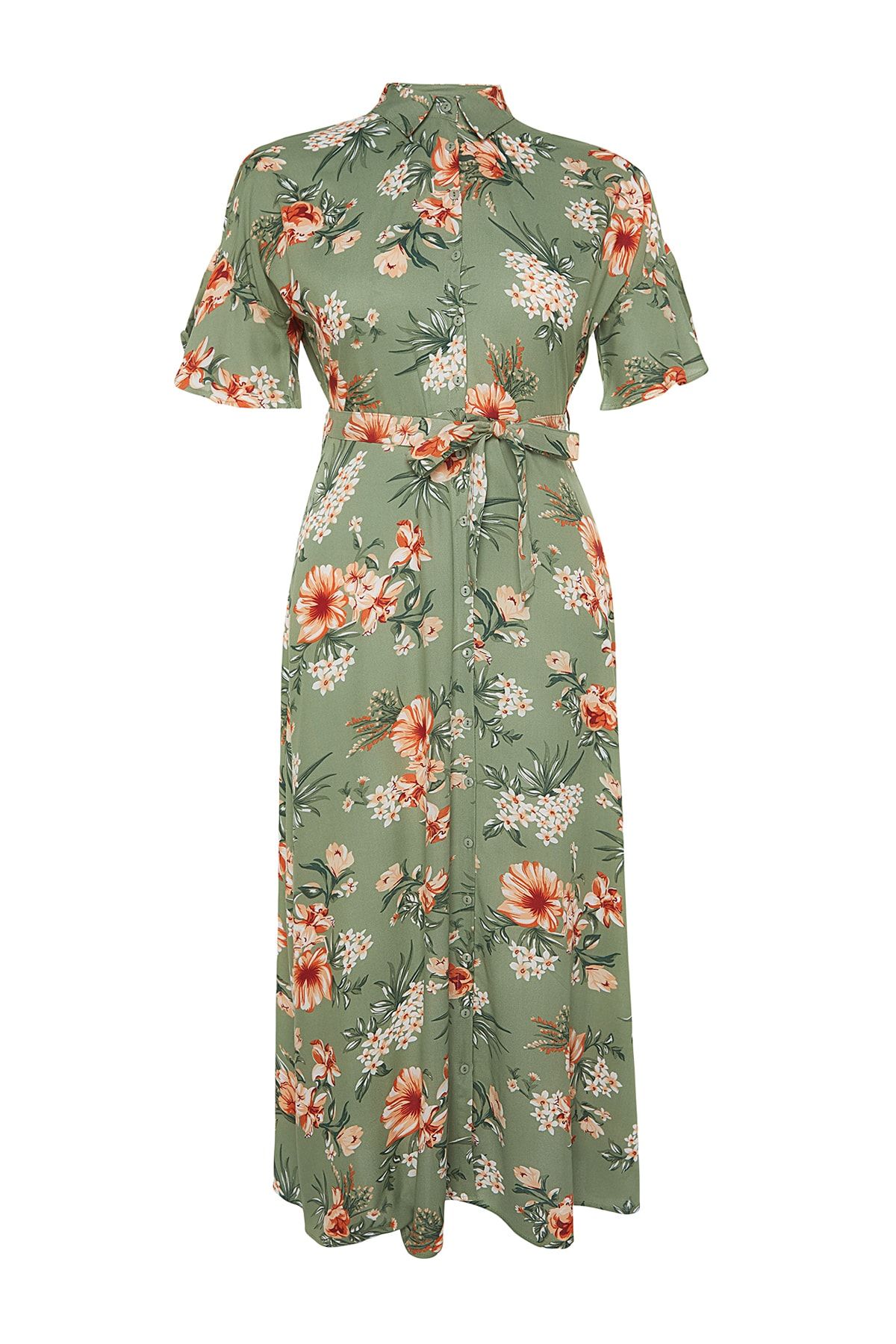 Trendyol Curve-Grünes Hemdblusenkleid mit gewebtem Blumenmuster und Schlitz TBBSS22EL1596 6