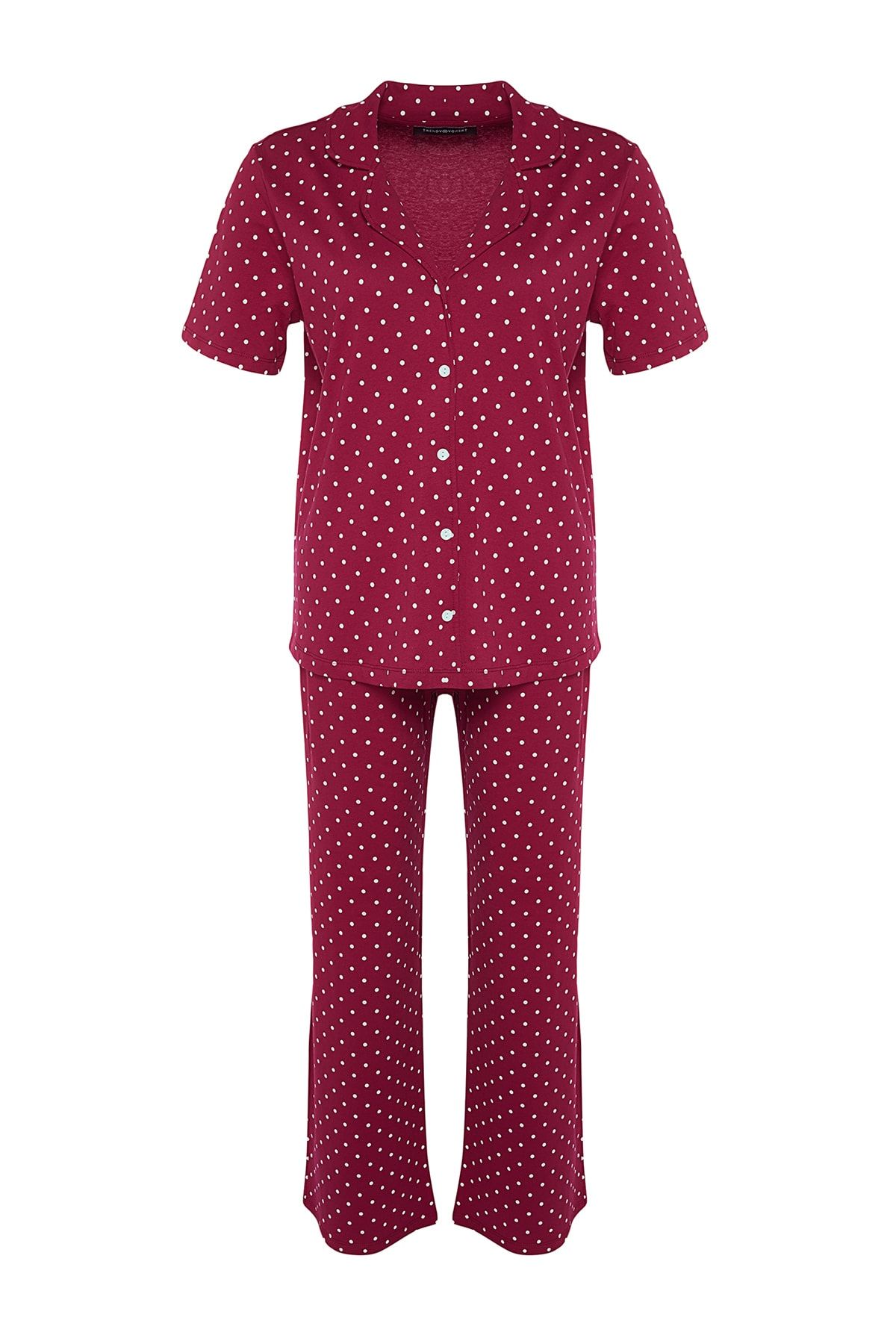 Trendyol Curve-Burgundy Polka Dot Print Shirt Collar Knitted Pajamas Set Tbbss22Pt0710 6