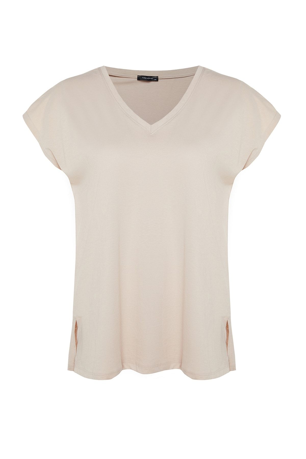 Trendyol Curve-Nerzfarbenes Boyfriend-T-Shirt aus Baumwolle mit V-Ausschnitt - TBBSS22BF0036 6