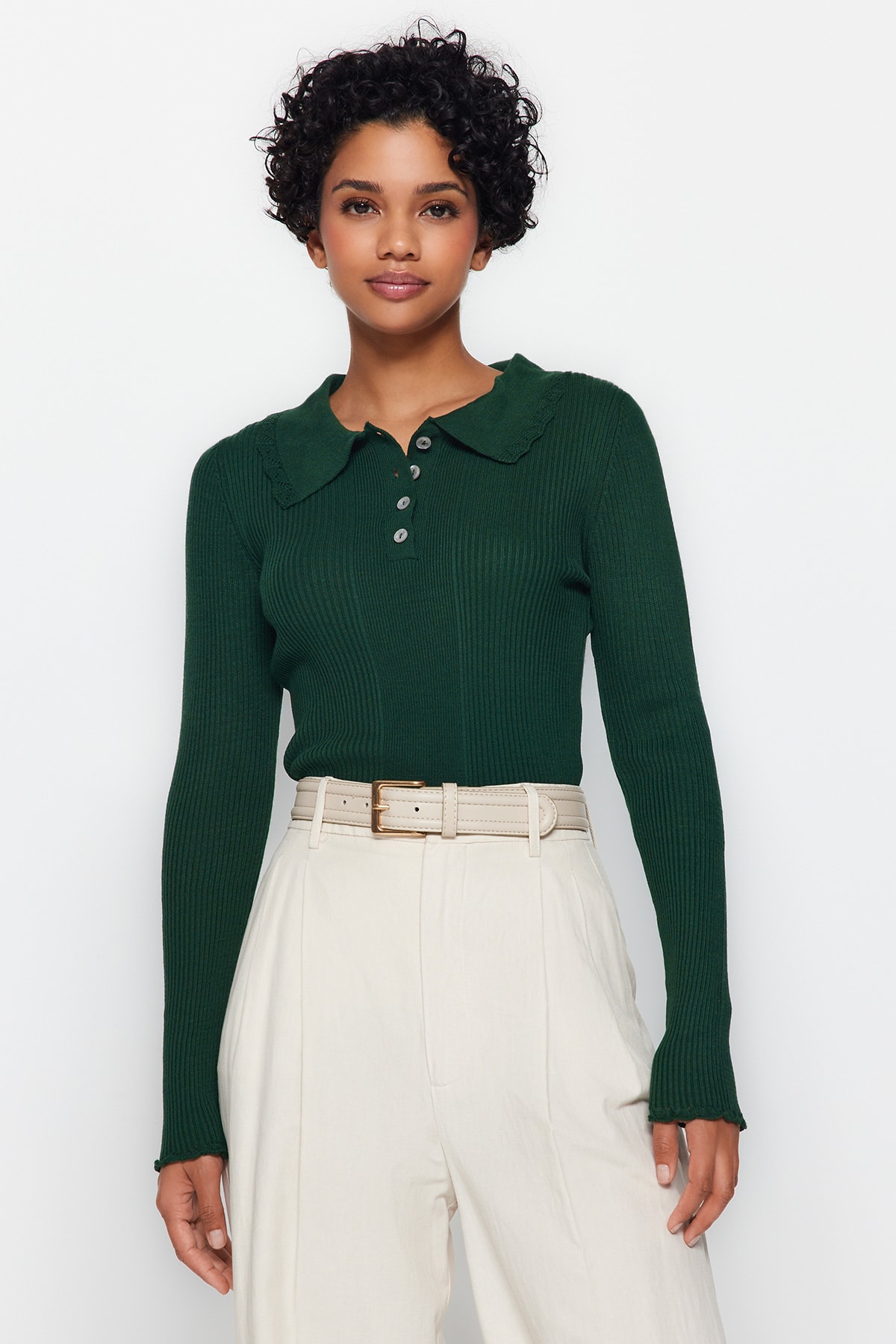 Trendyolmilla  Zümrüt Yeşili Polo Yaka Triko Kazak TWOAW22KZ1354 - Görsel 3