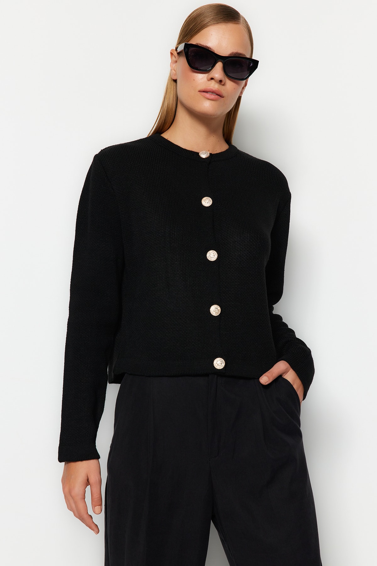 Trendyolmilla  Siyah Basic Ceket Görünümlü Triko Hırka TWOAW24HI00090 - Görsel 7