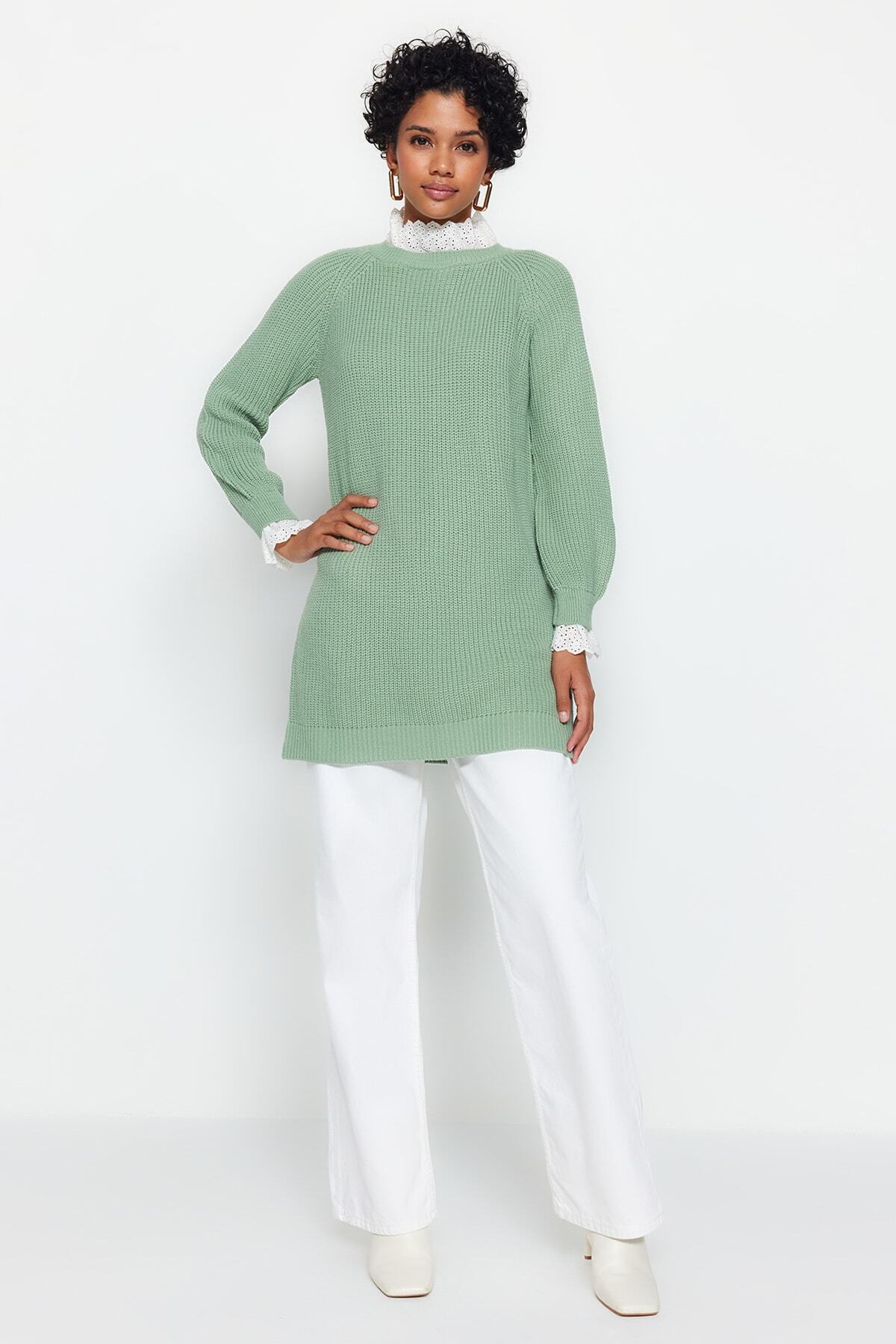 Trendyol Modest Miętowy, gipiurowy, szczegółowy sweter z dzianiny Selanik TCTAW24AK00126