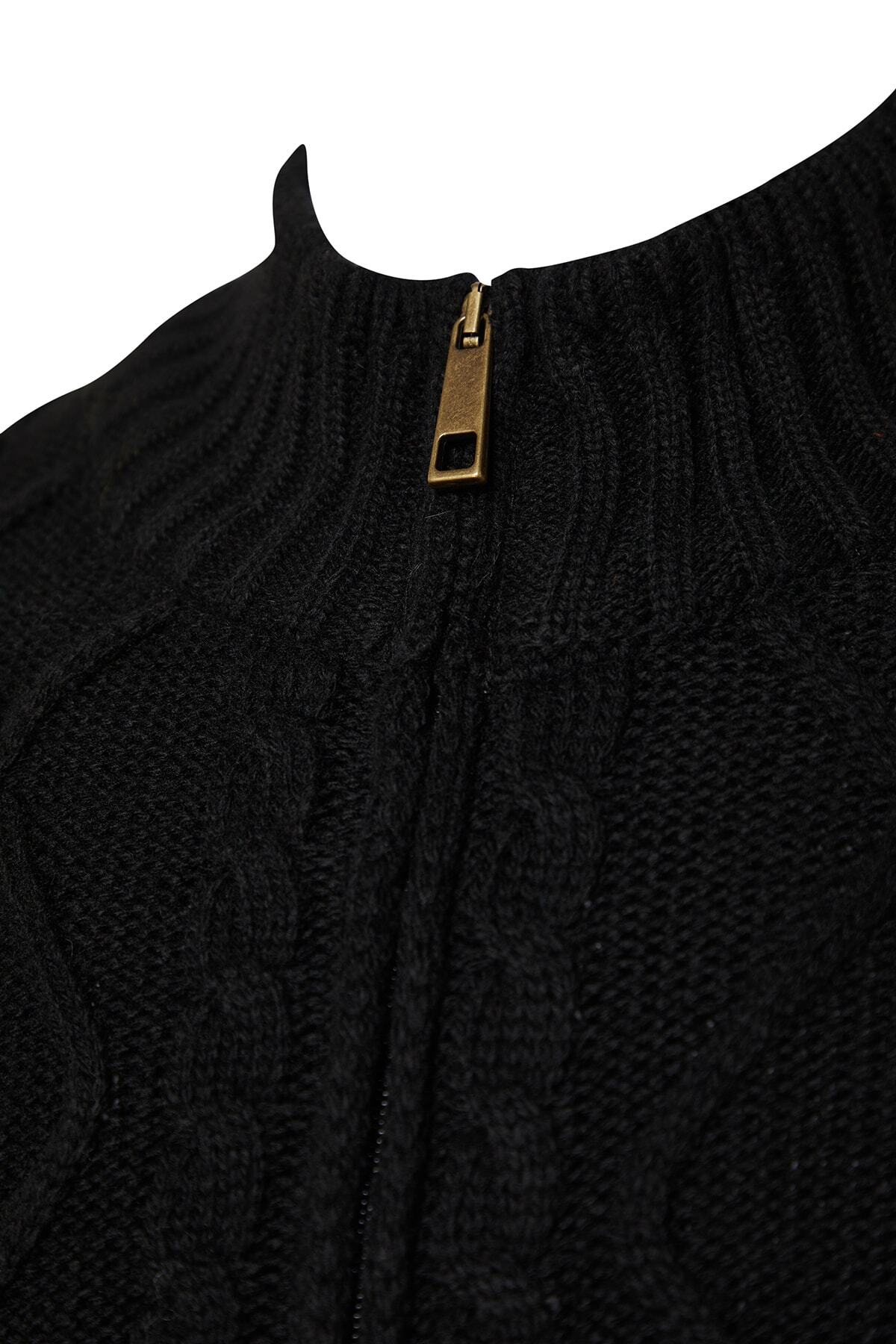 Trendyolmilla  Siyah Slim Fit Yünlü Örgü Detaylı Fermuarlı Cepli Triko Hırka TMNAW21HI0349 - Görsel 7