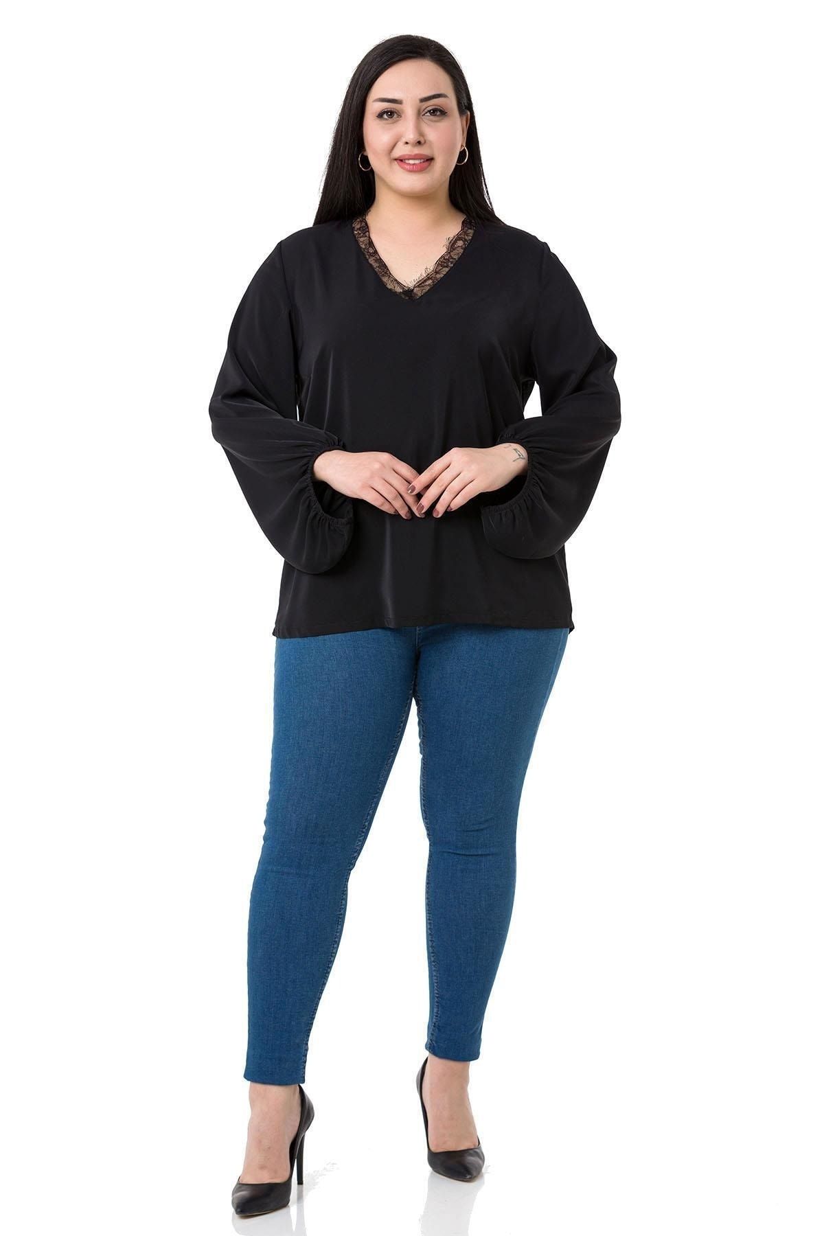 DISENTIS MODEST-Plus Size Black Blouse with Lace Collar and Wide Elastic Sleeves 2