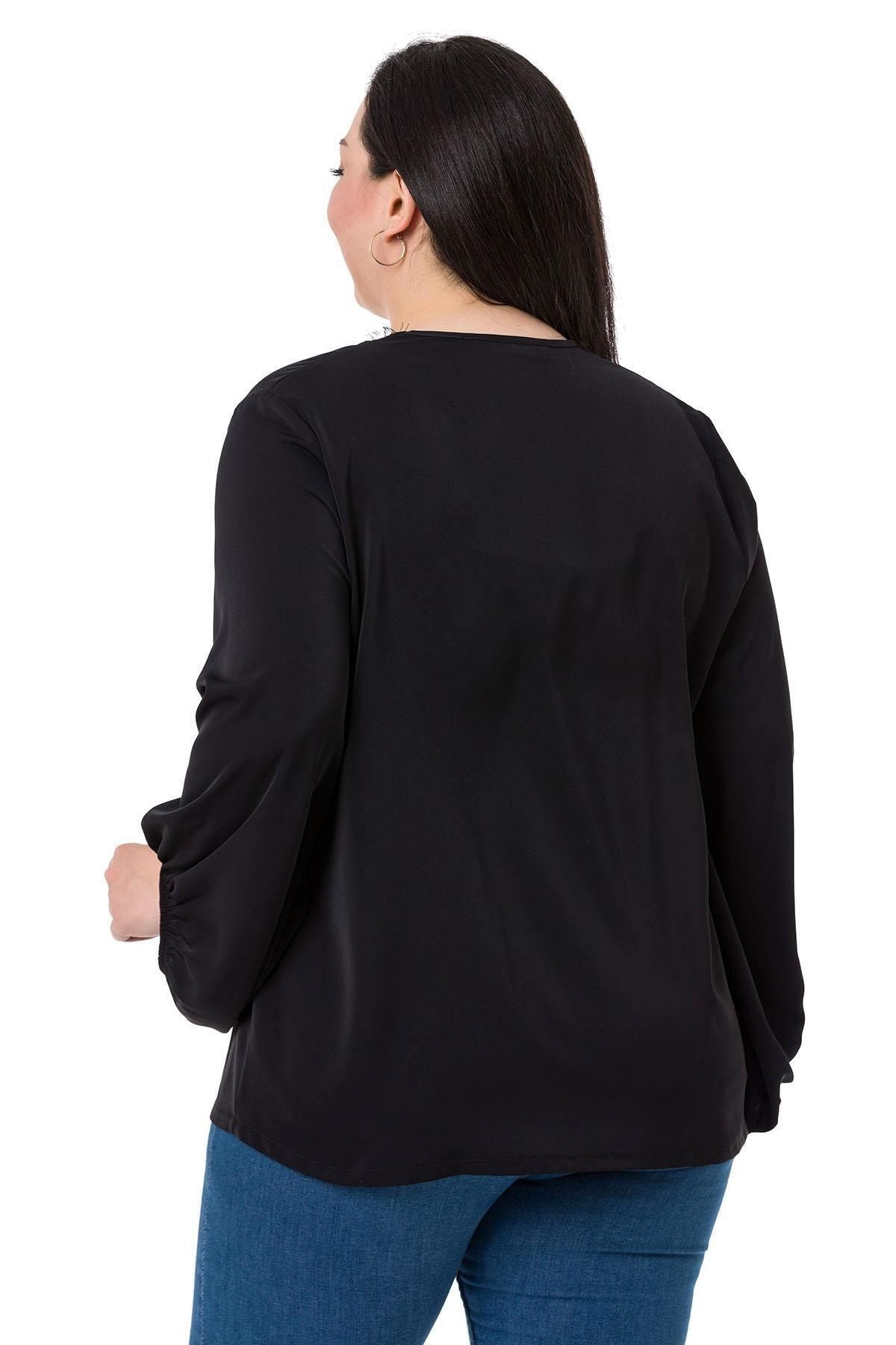 DISENTIS MODEST-Plus Size Black Blouse with Lace Collar and Wide Elastic Sleeves 3