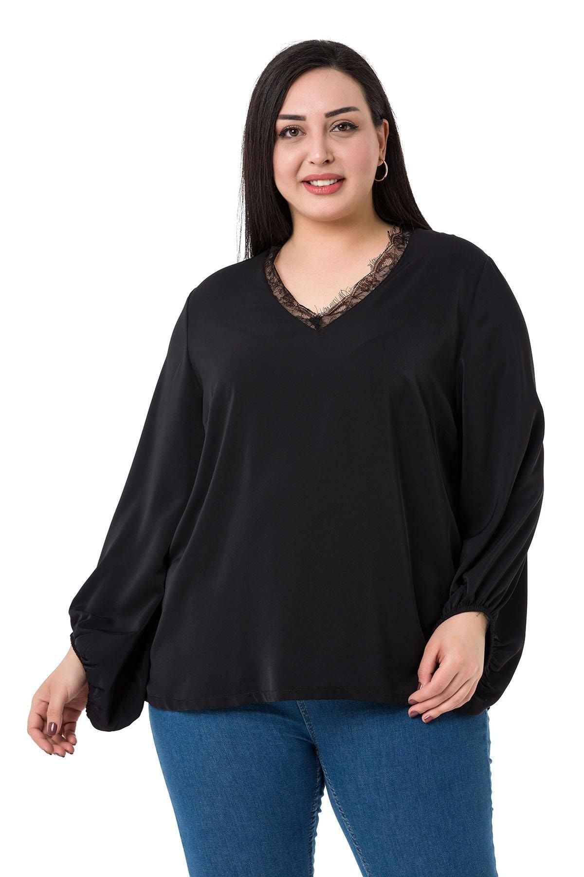 DISENTIS MODEST-Plus Size Black Blouse with Lace Collar and Wide Elastic Sleeves 4
