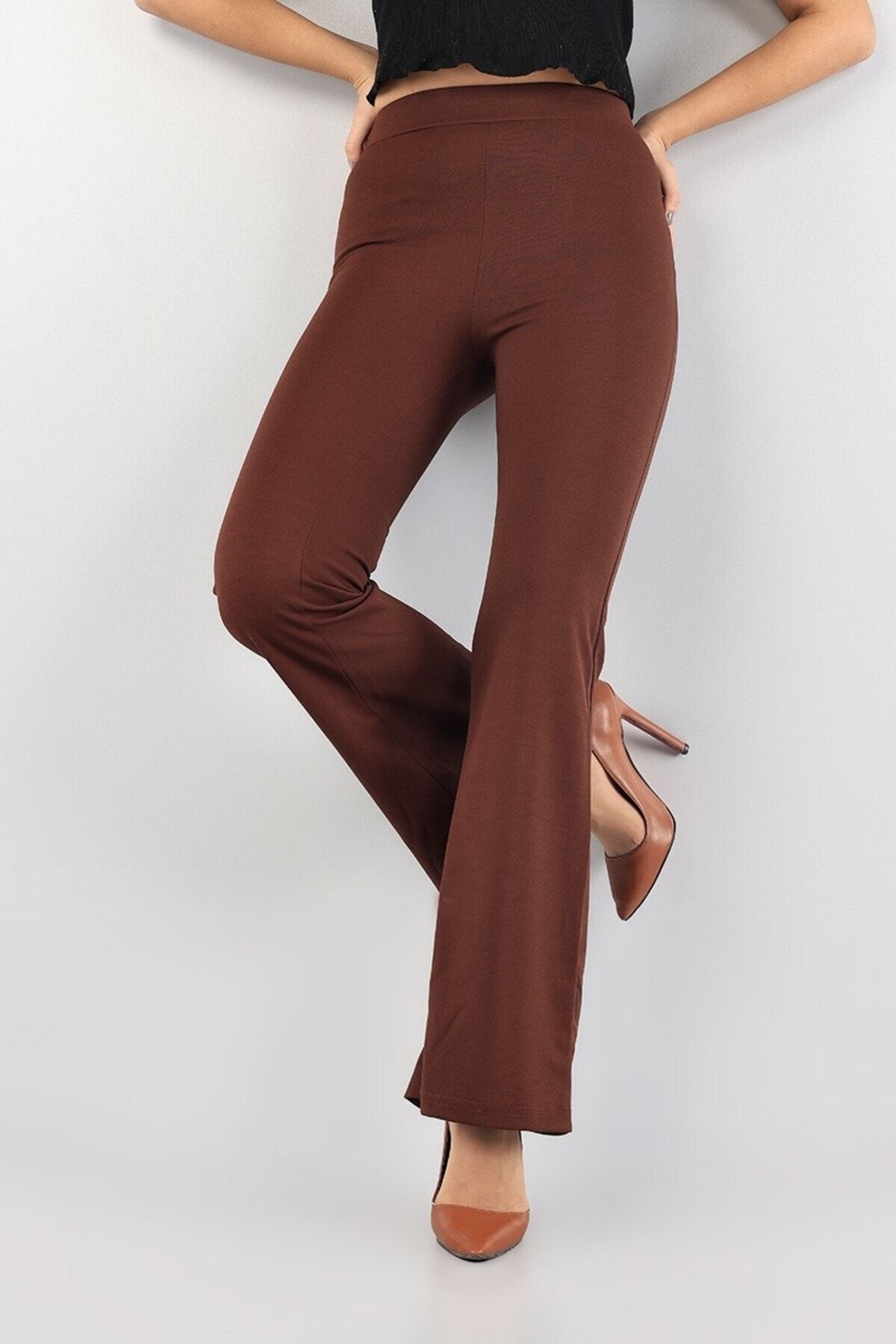 Butik Şımarık Women's Brown High Waist Flared Leg Crepe Fabric