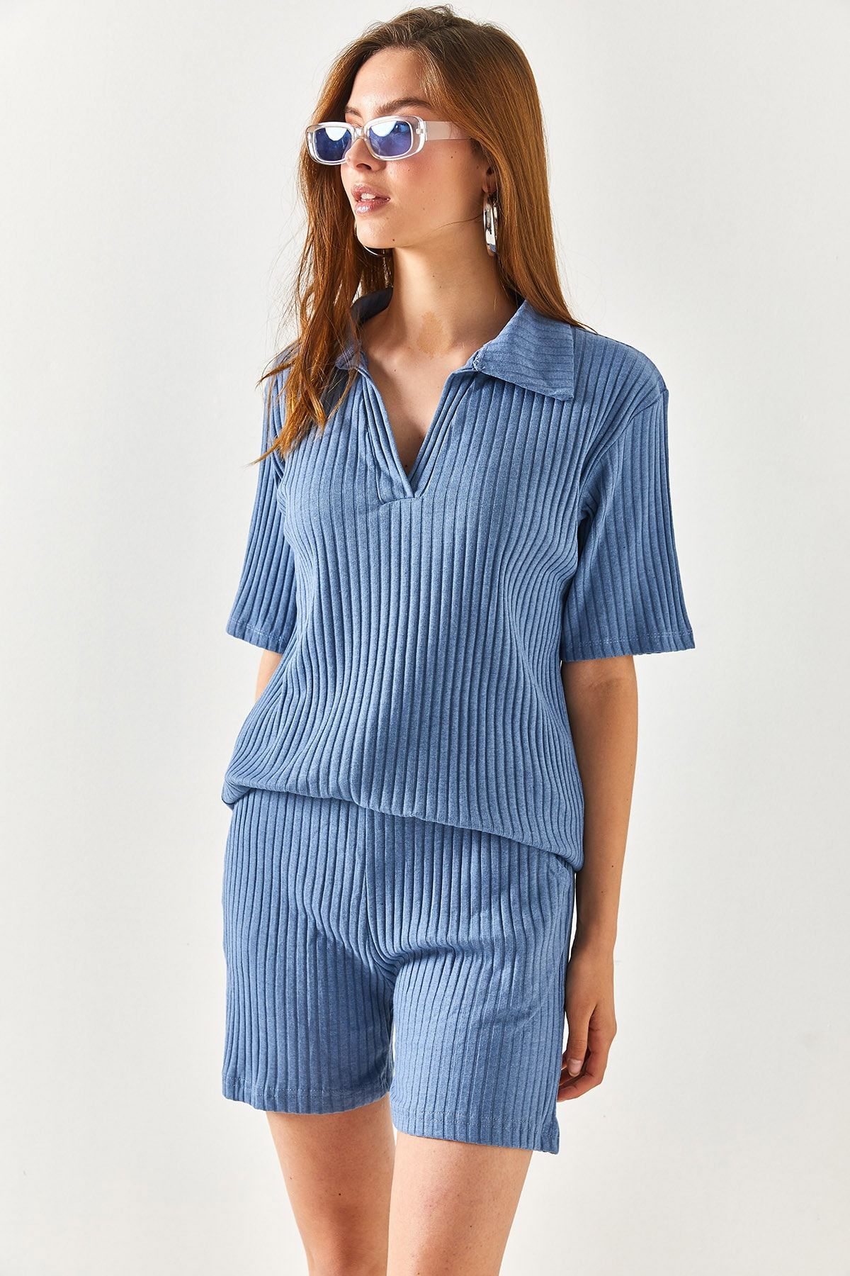 Olalook Set Pantaloni Scurți Cu Guler Polo Albastru Pentru Femei Cu Buzunar Superior Femeie - S