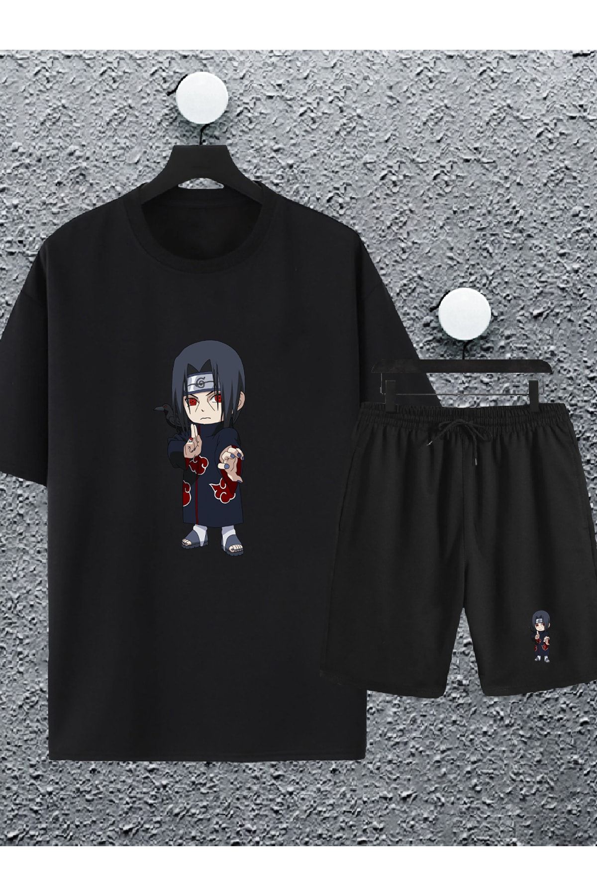Jobia Outdoors Unisex Femei Bărbați Naruto Sasuke Anime Negru Alb Design Pantaloni Scurți De Vară Tricou Supradimensionat Set 2 Piese Unisex - L