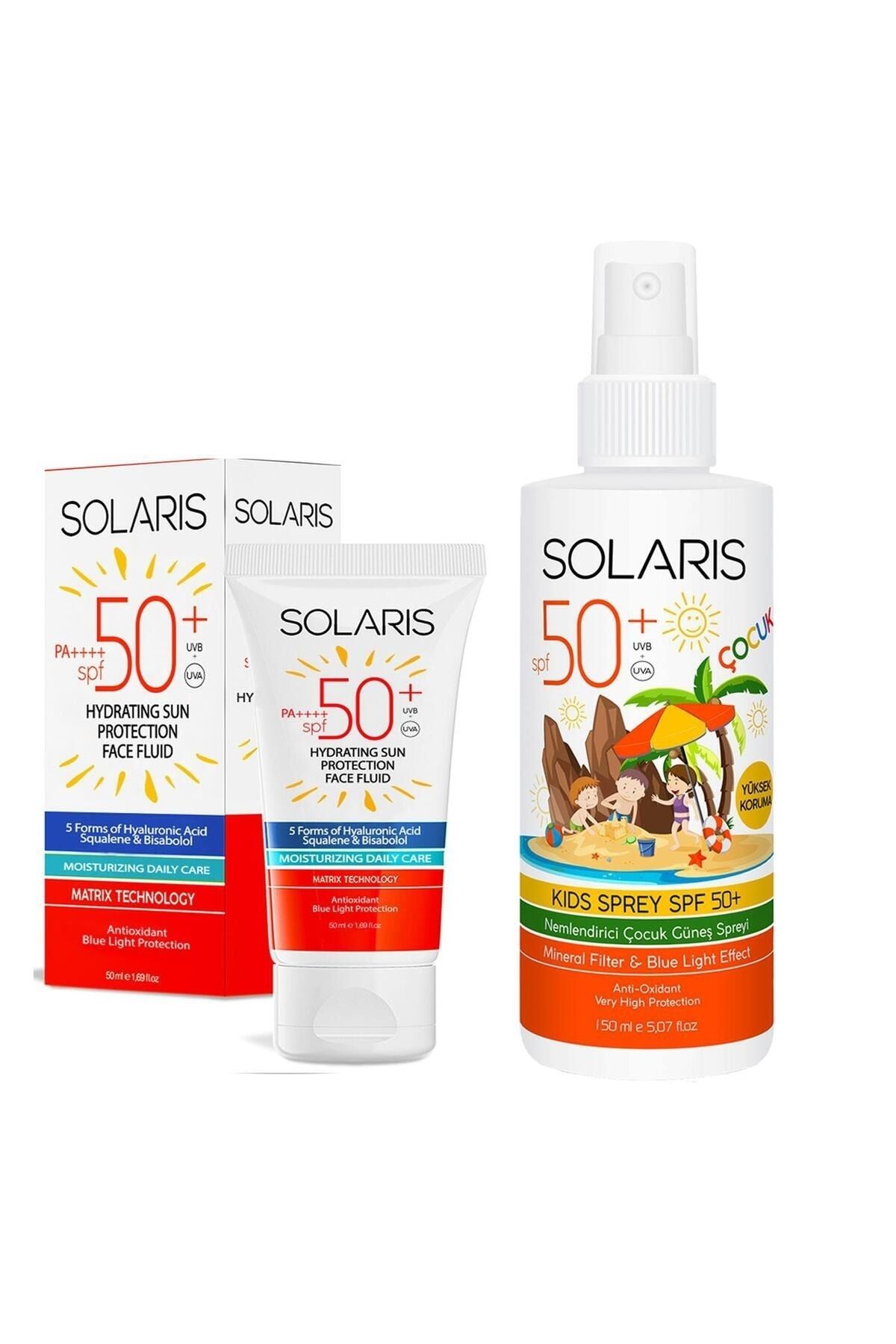 ضد آفتاب Spf 50 (50 ML) برای انواع پوست و اسپری ضد آفتاب کودکان Spf 50 (150 ML) SOLARIS