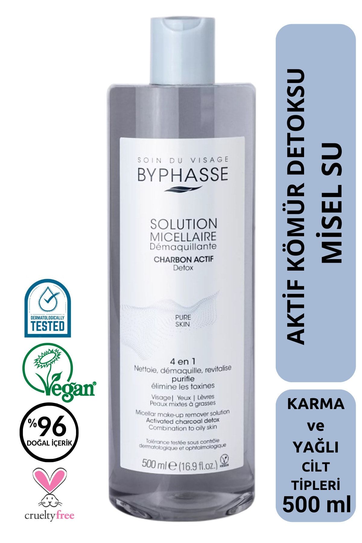 BYPHASSE-Micellar Face and Makeup Remover Activated Charcoal Micellar Water Combination and Oily Skin 500ml 1
