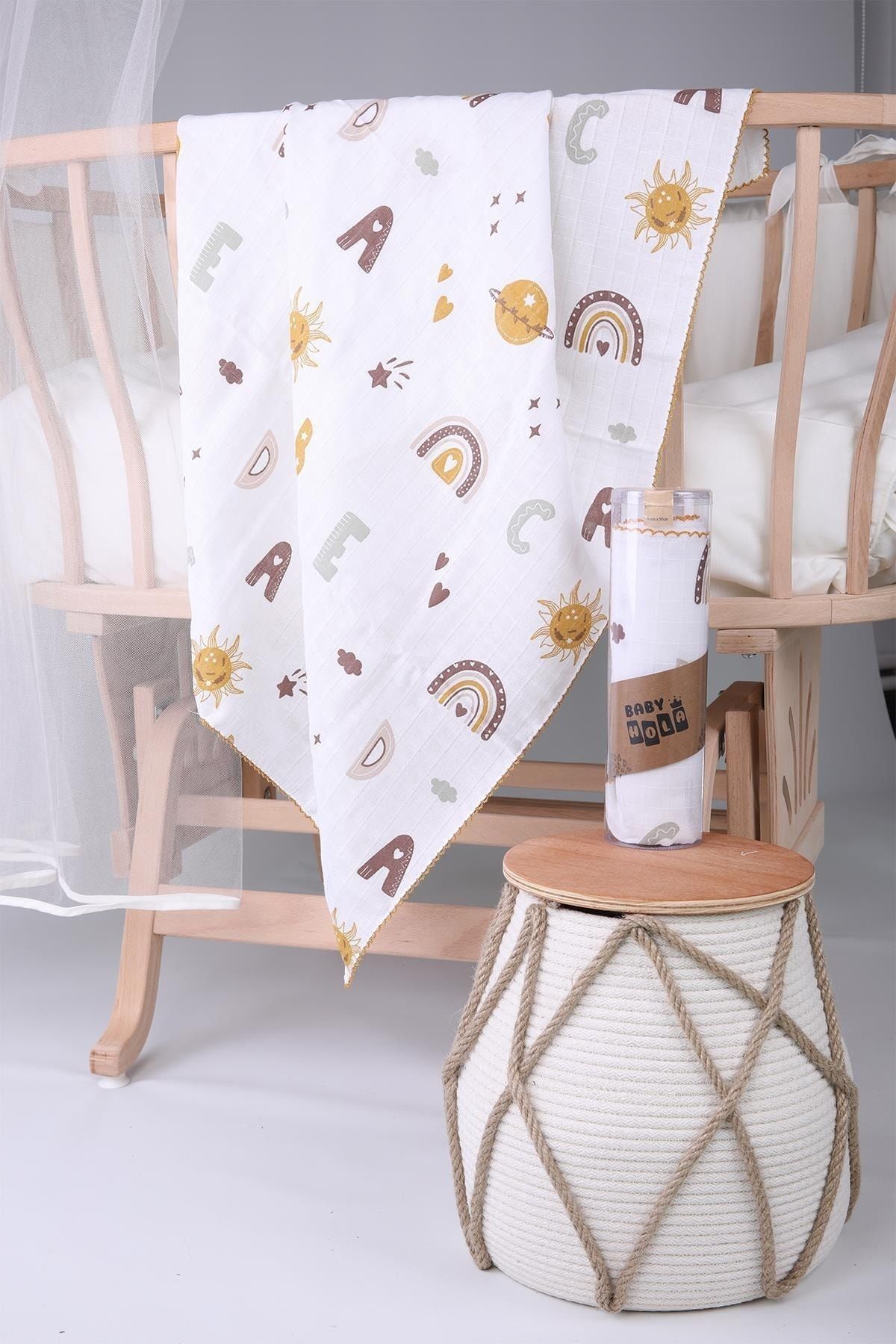 Müslin Örtü 85x90cm Harf Desen Organik Hediyelik Emzirme Alt Açma Yenidoğan Puset Örtüsü