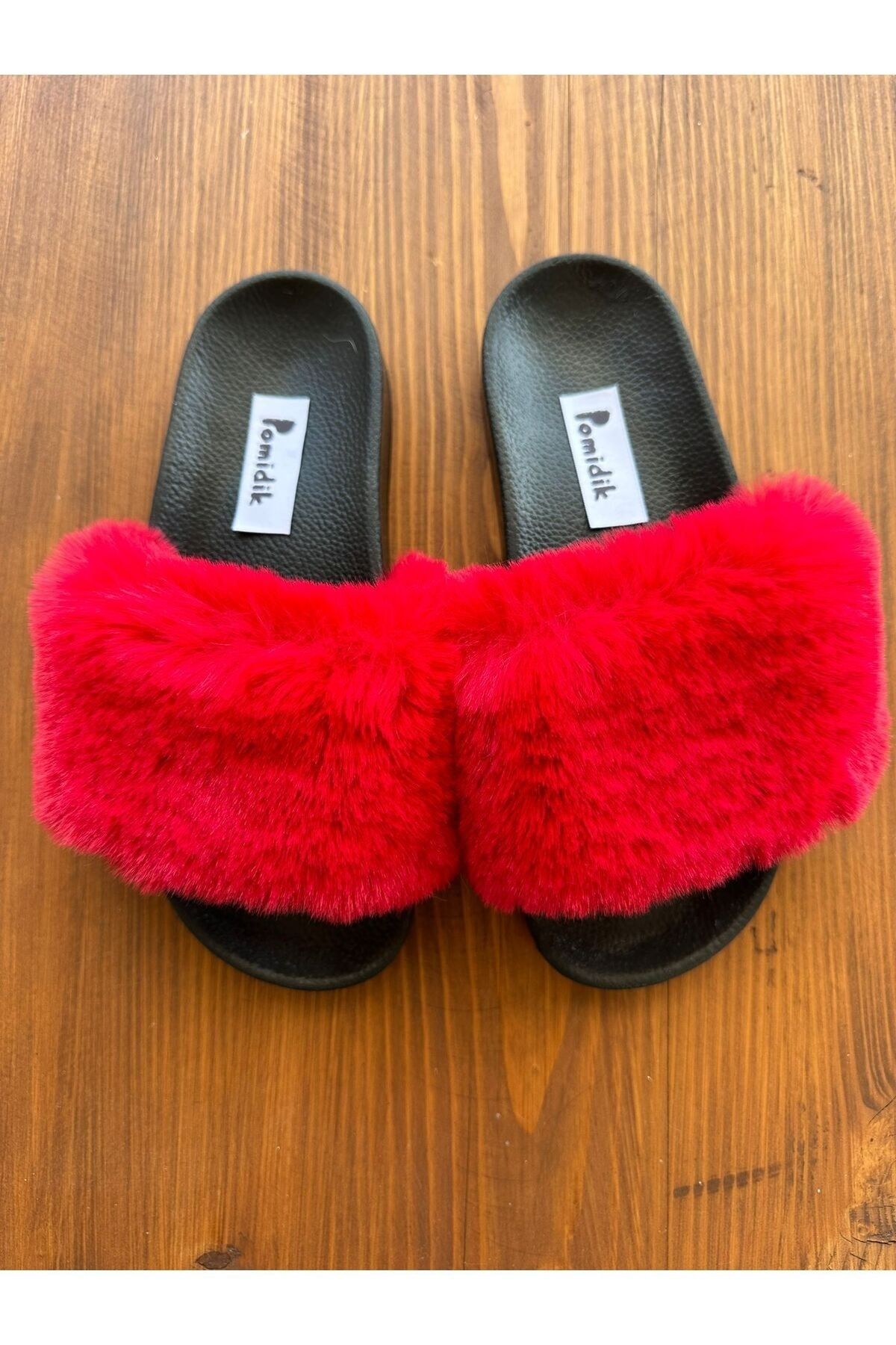 Red fluffy slides clearance