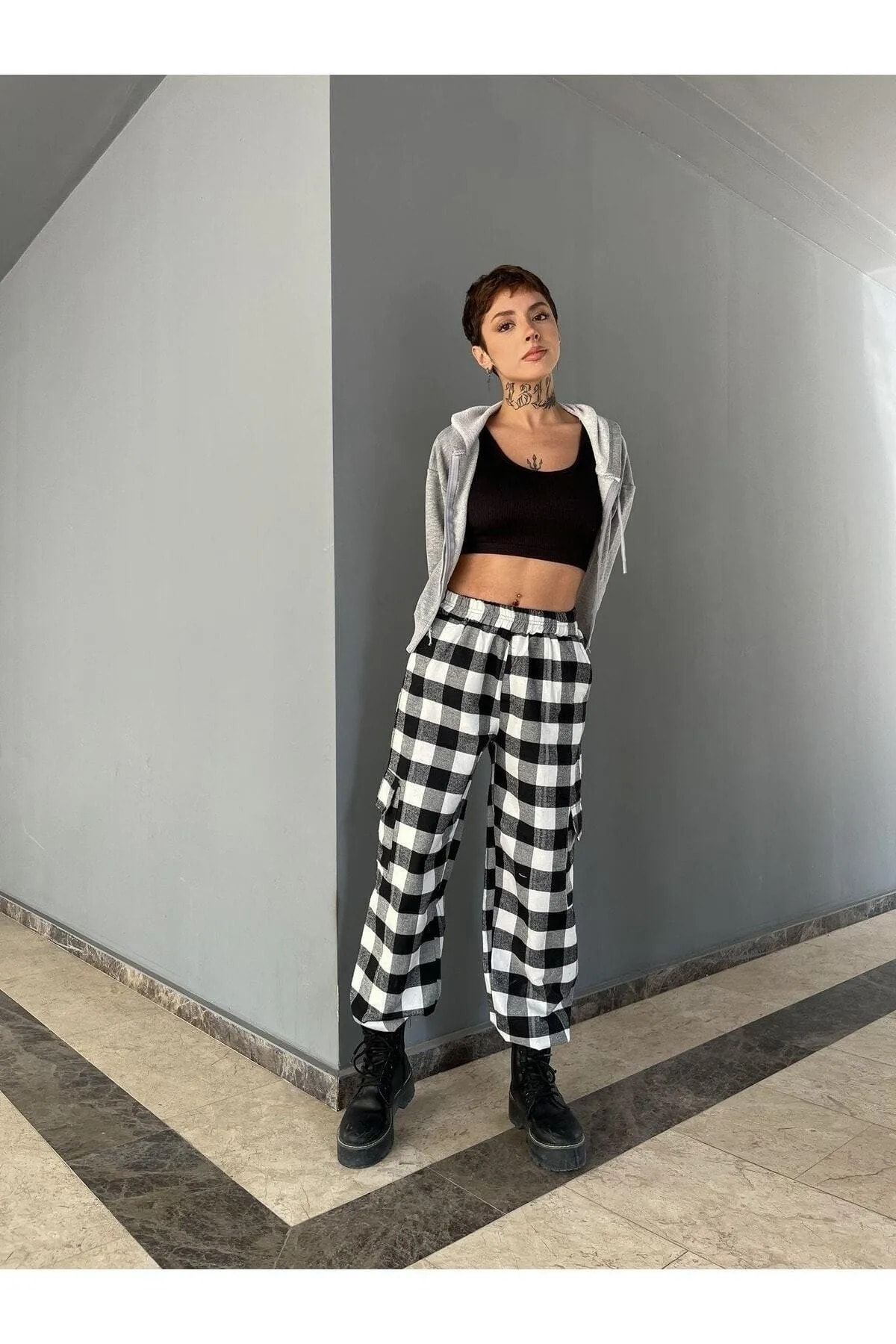 Black and new arrivals white plaid sweatpants