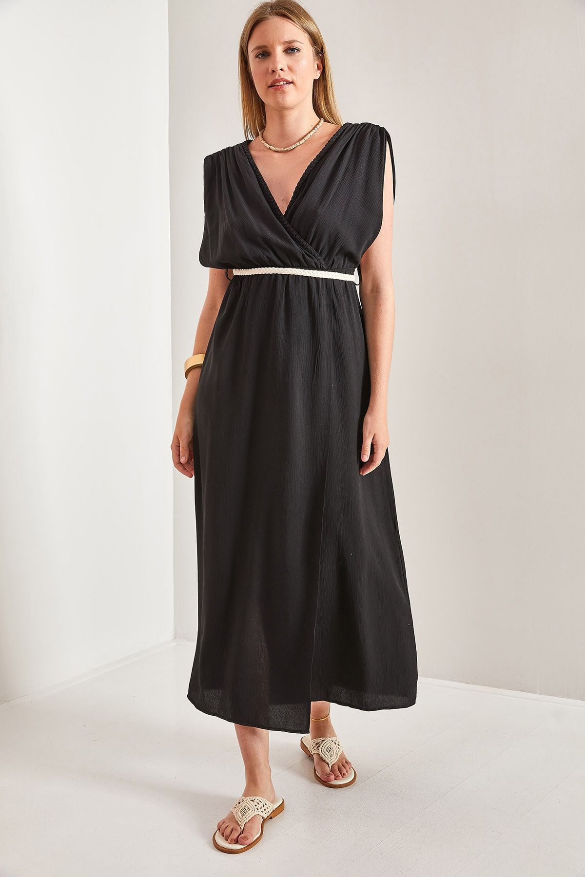 Bianco Lucci-Women's Strappy Waist Straw Rope Tied Dress 5